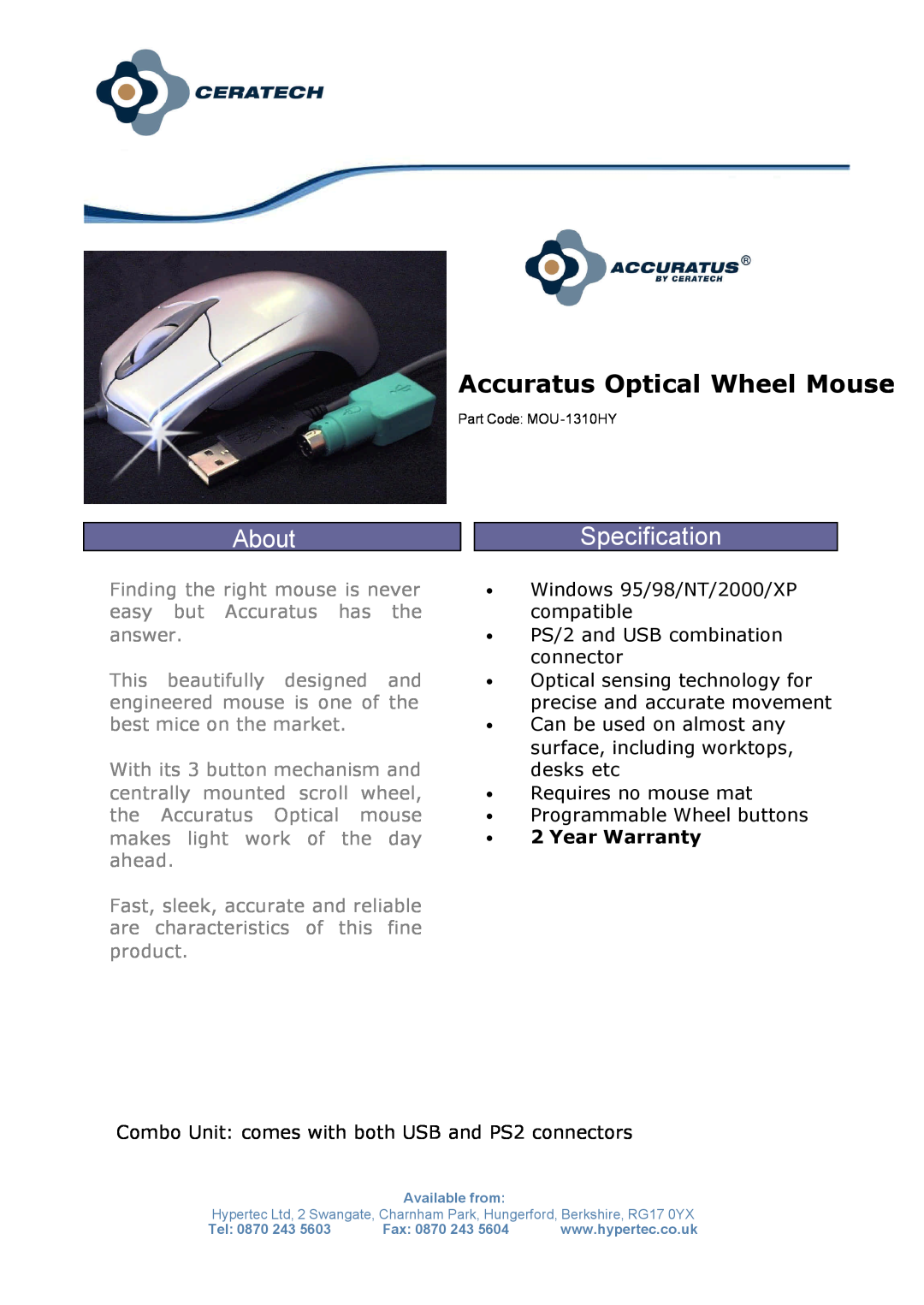 Hypertec MOU-1310HY warranty Accuratus Optical Wheel Mouse, About, Specification, ∙ 2 Year Warranty 