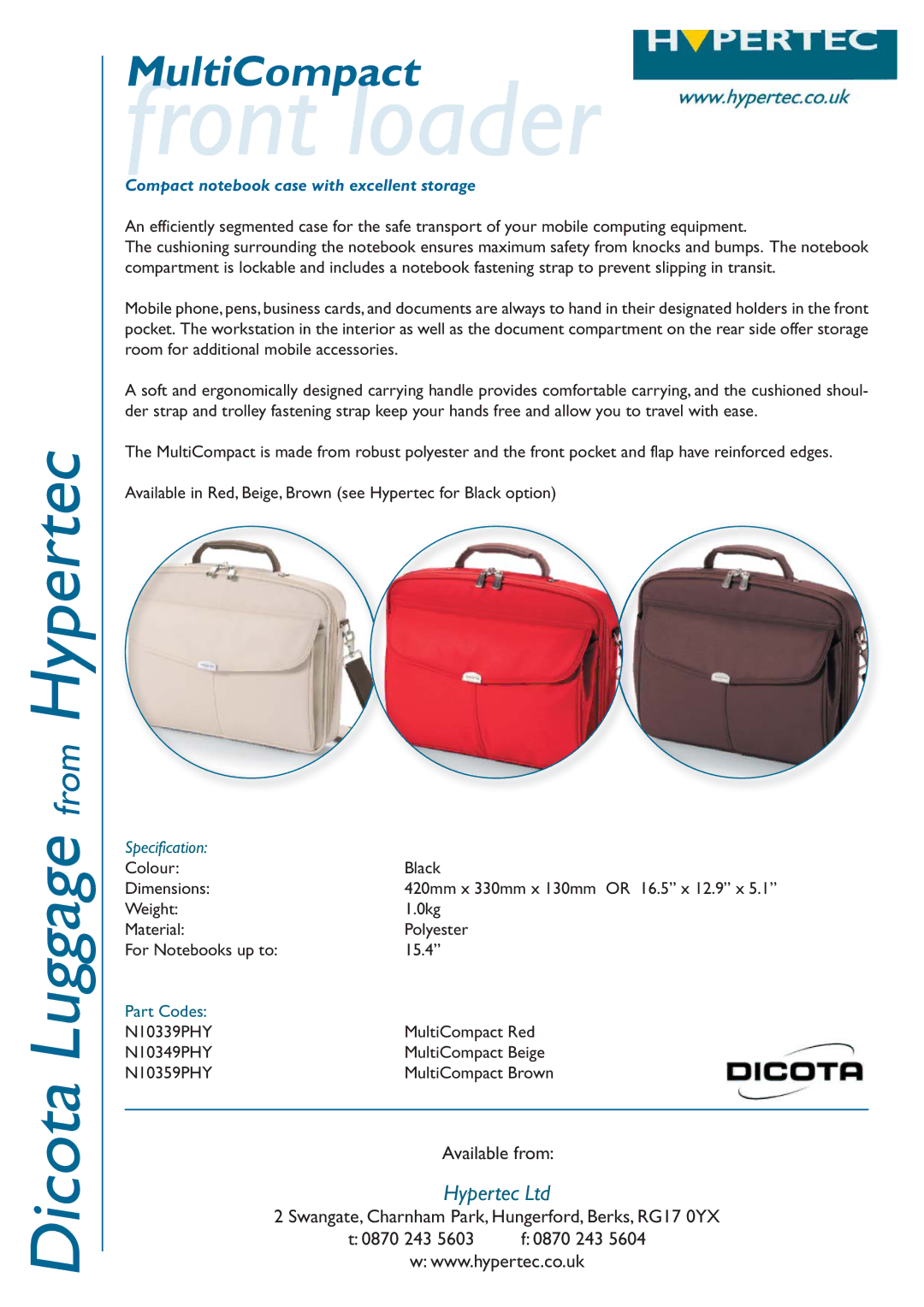 Hypertec N10339PHY dimensions Front loader, Compact notebook case with excellent storage, Specification 