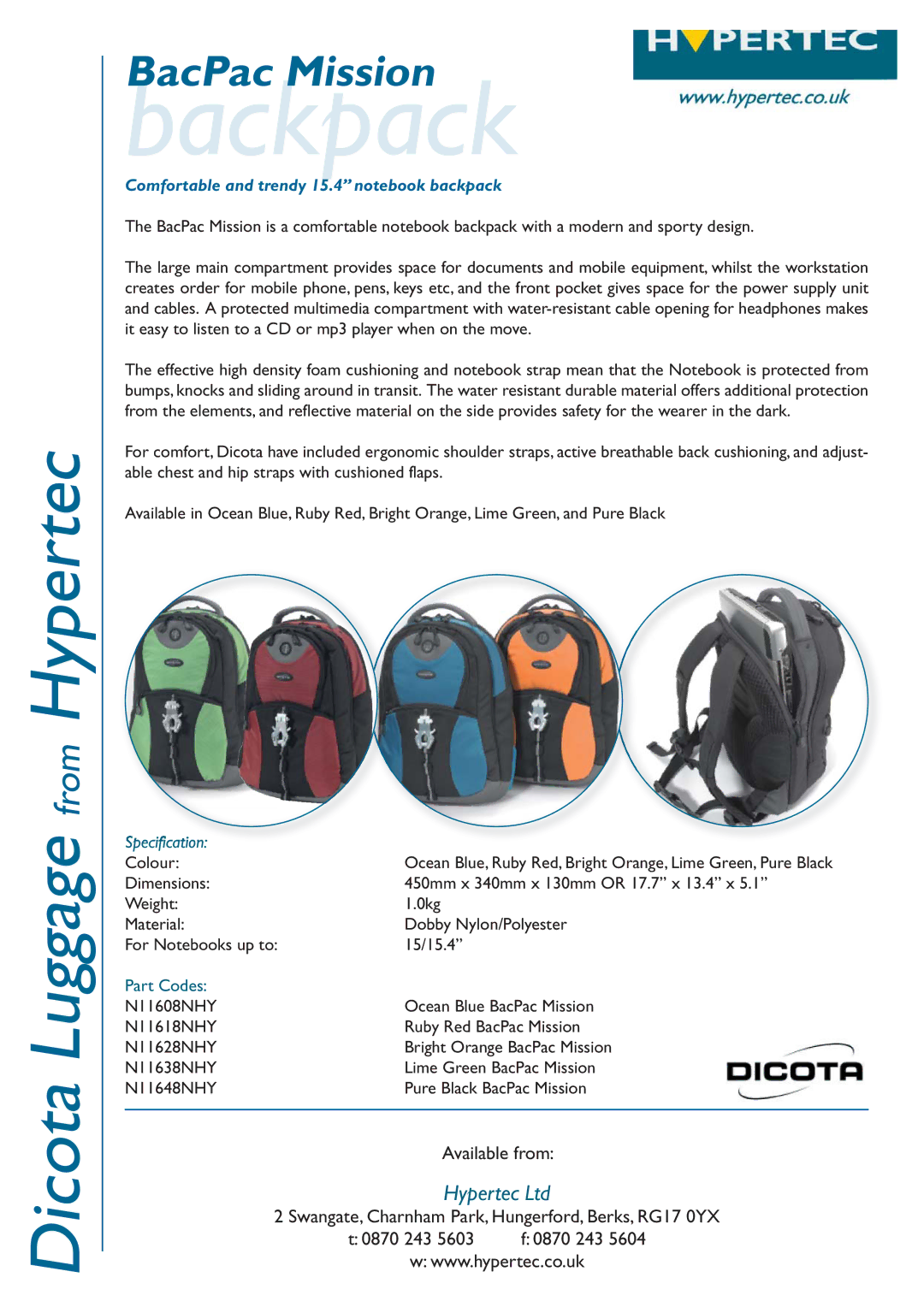 Hypertec N11628NHY, N11648NHY, N11638NHY dimensions Backpack, Comfortable and trendy 15.4‰ notebook backpack, Specification 