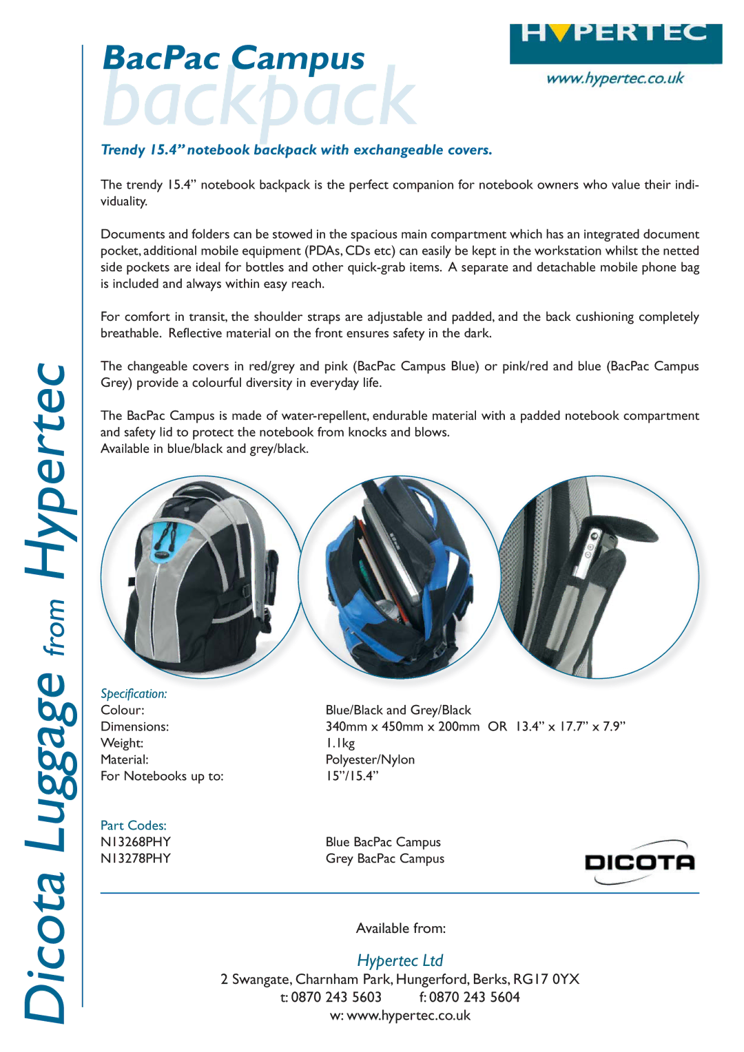 Hypertec N13268PHY dimensions Backpack, Trendy 15.4‰ notebook backpack with exchangeable covers, Specification 