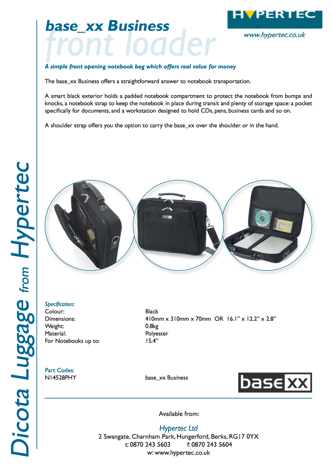 Hypertec N14528PHY dimensions front loader, Dicota Luggage from Hypertec, basexx Business, Available from, t 0870 243 