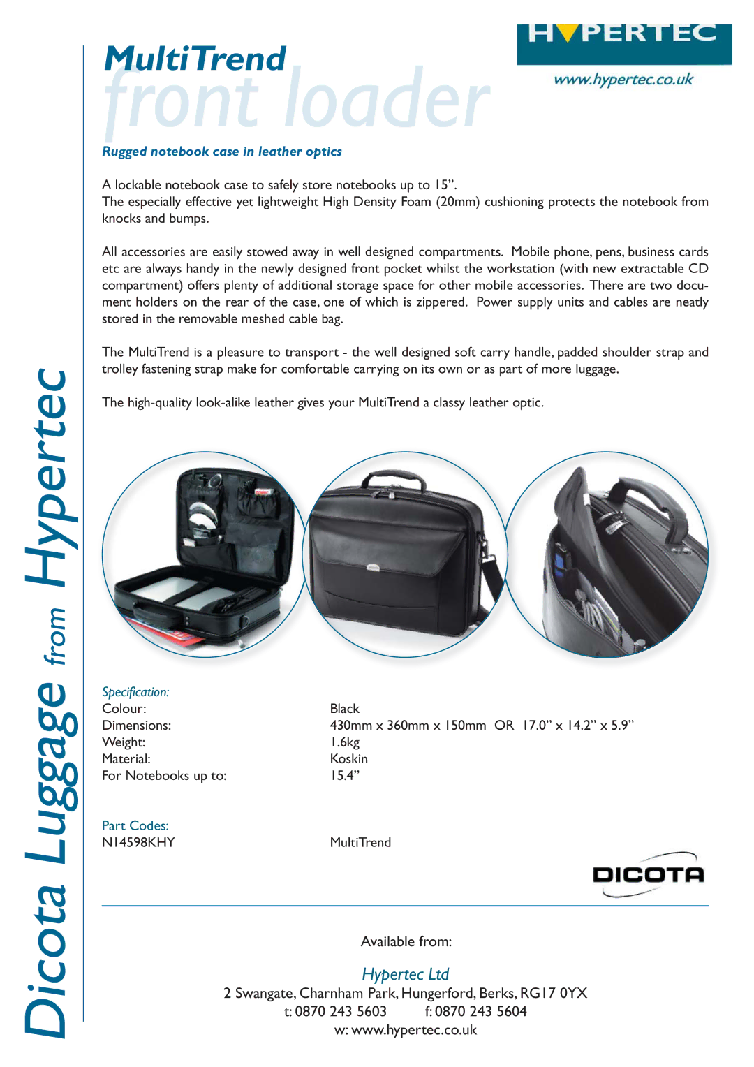 Hypertec N14598KHY dimensions Front loader, Rugged notebook case in leather optics, Specification 