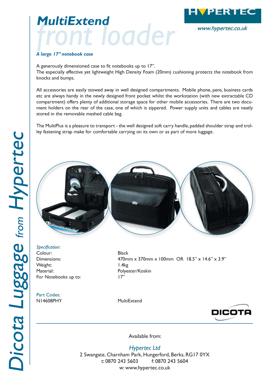 Hypertec N14608PHY dimensions Front loader, Large 17‰ notebook case, Specification 