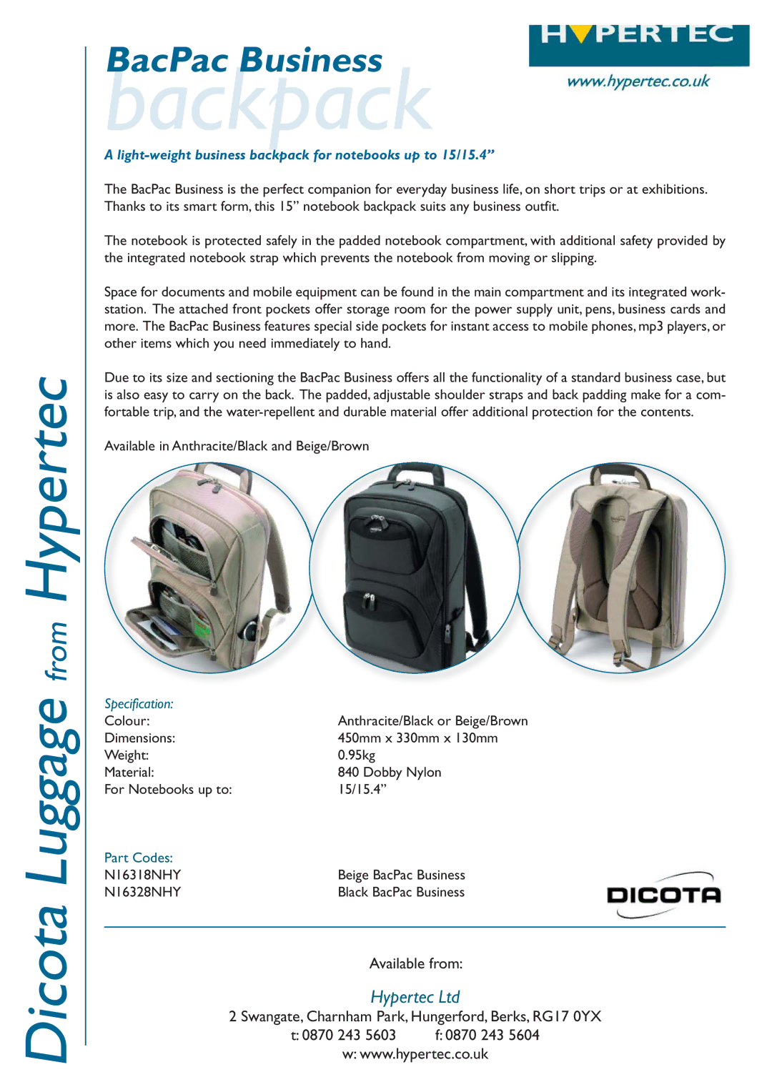 Hypertec N16318NHY dimensions Backpack, Light-weight business backpack for notebooks up to 15/15.4‰, Specification 