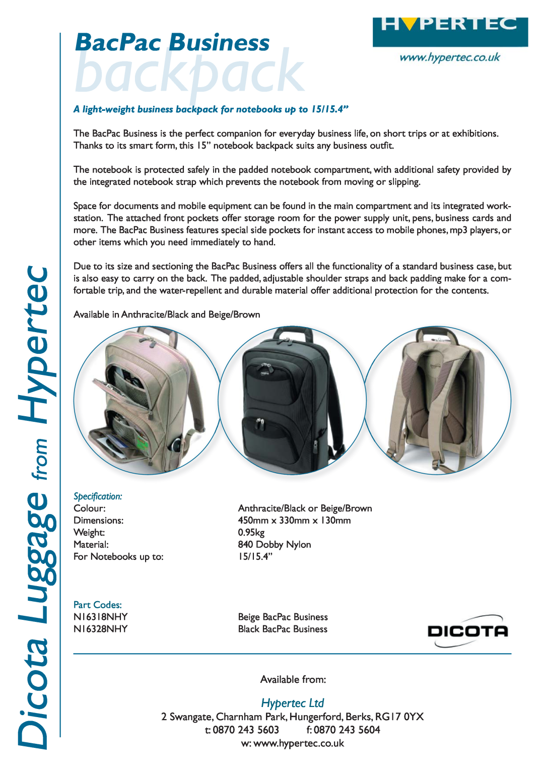 Hypertec N16318NHY dimensions backpack, Dicota Luggage from Hypertec, BacPac Business, Available from, t 0870 243 
