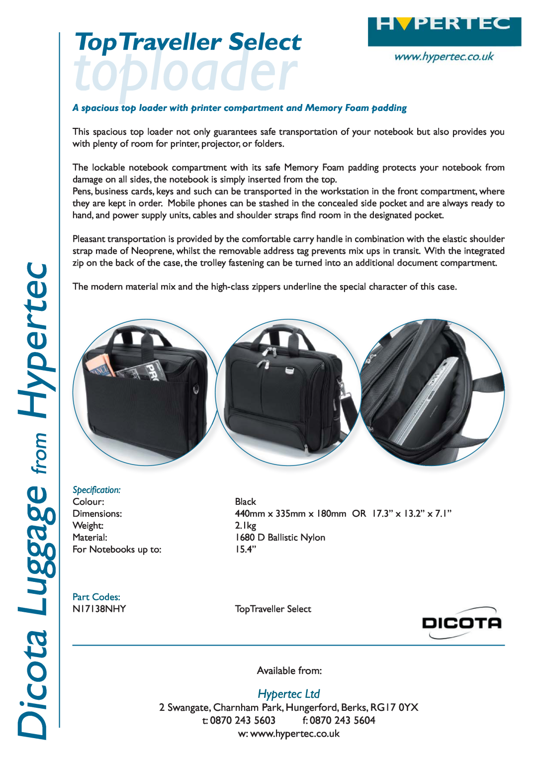 Hypertec N17138NHY dimensions toploader, Dicota Luggage from Hypertec, TopTraveller Select, Available from, t 0870 