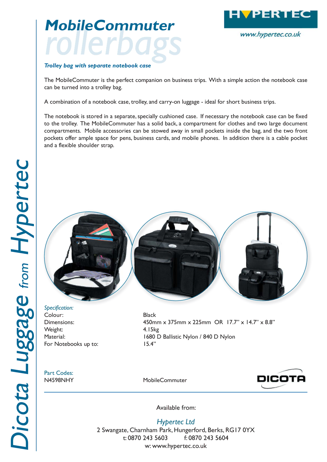 Hypertec N4598NHY dimensions Rollerbags, Trolley bag with separate notebook case, Specification 