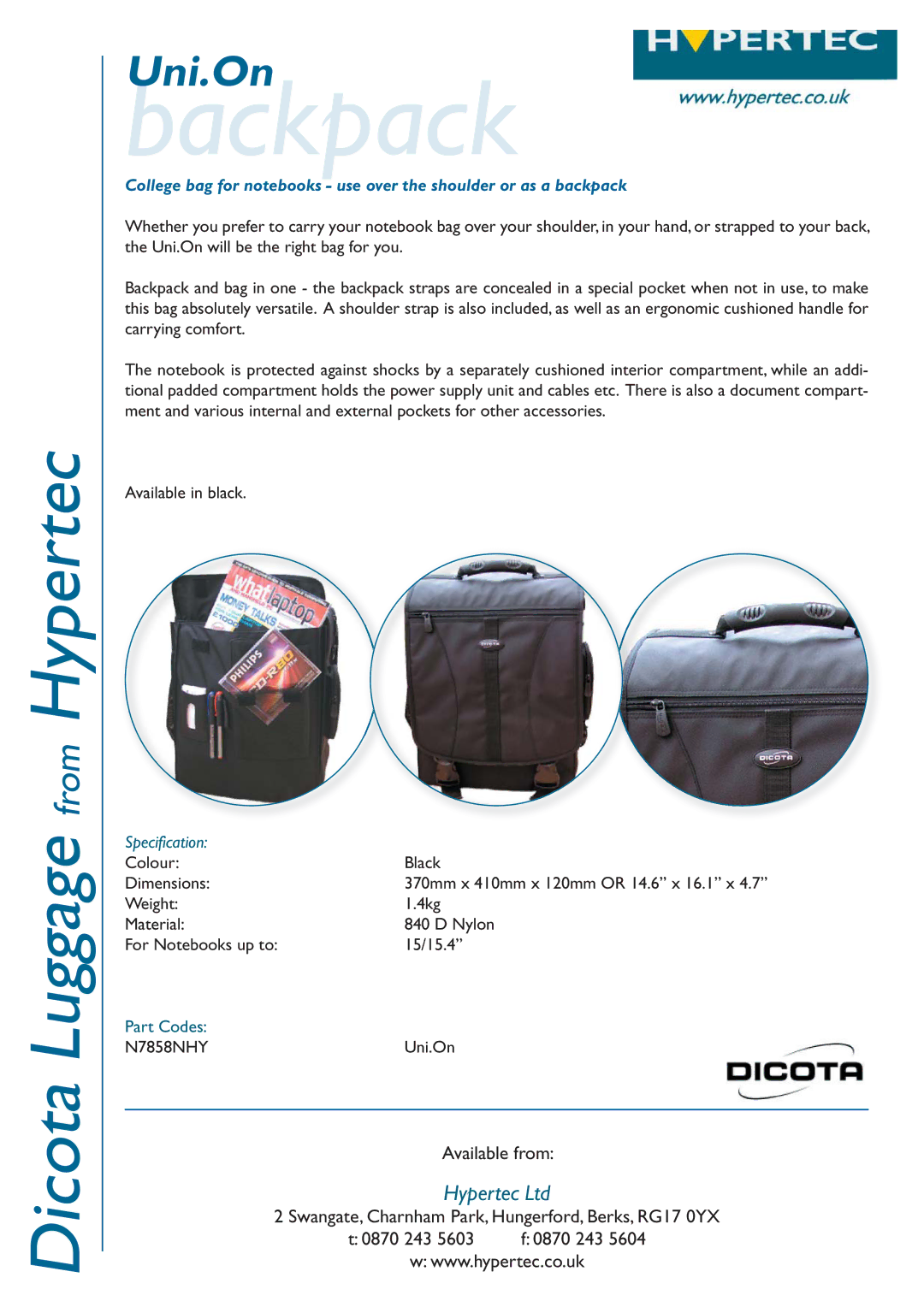 Hypertec N7858NHY dimensions Backpack, Specification 