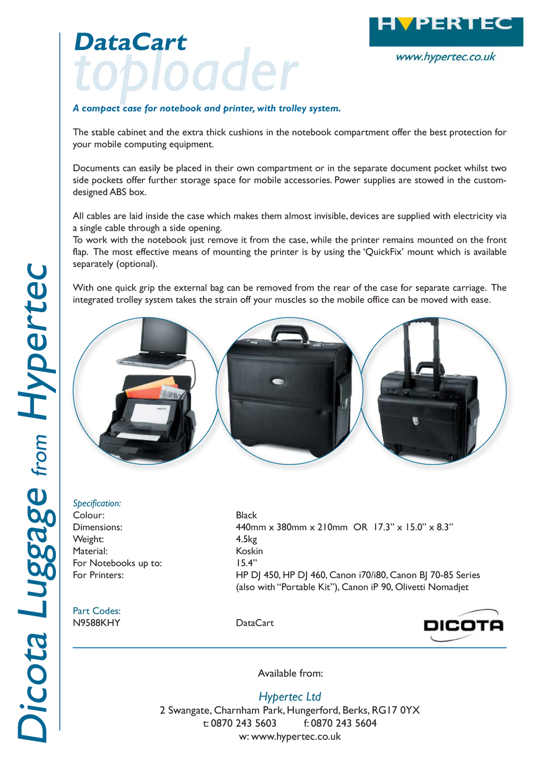 Hypertec N9588KHY dimensions Toploader, Compact case for notebook and printer, with trolley system, Specification 