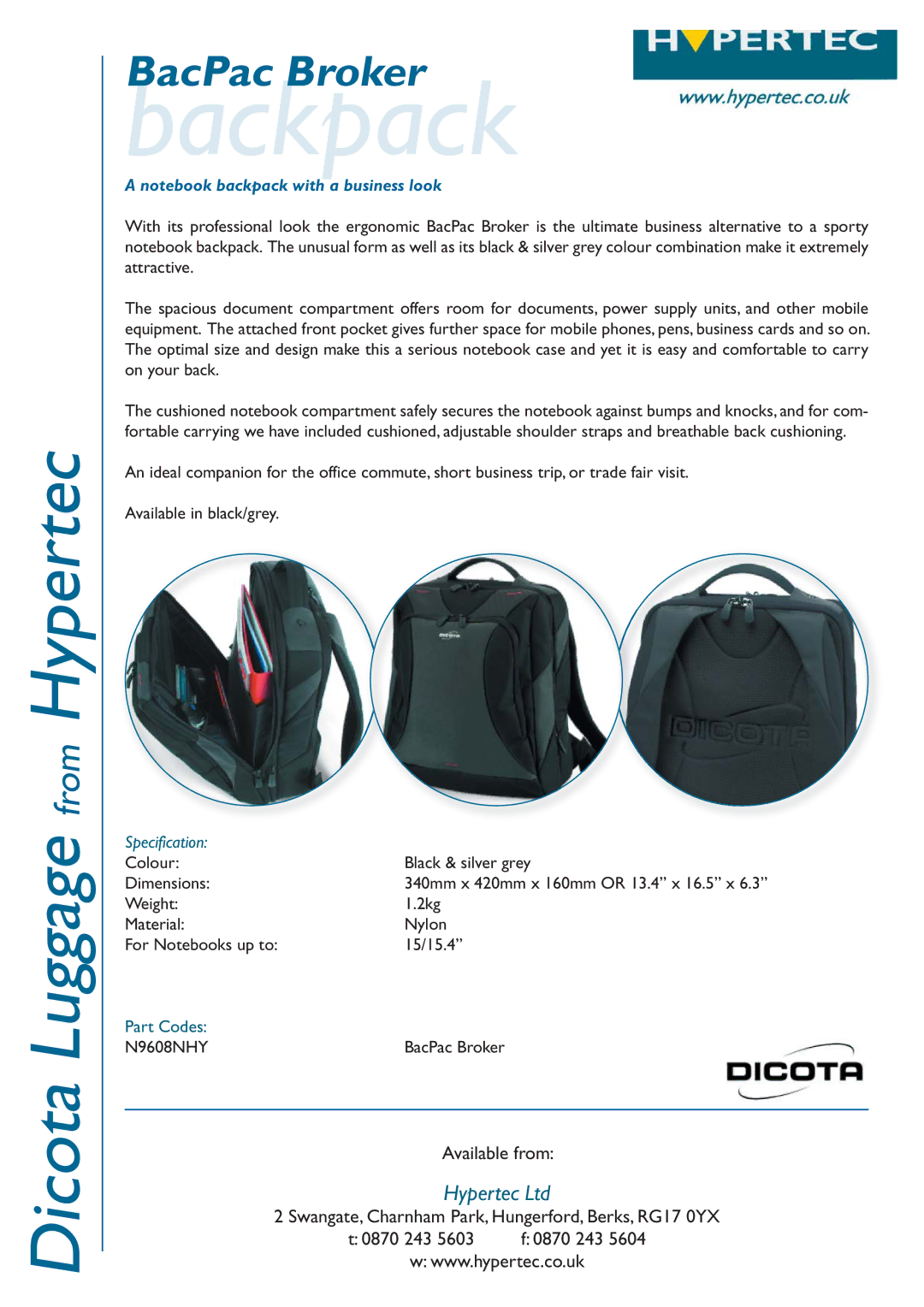 Hypertec N9608NHY dimensions Backpack, Specification 