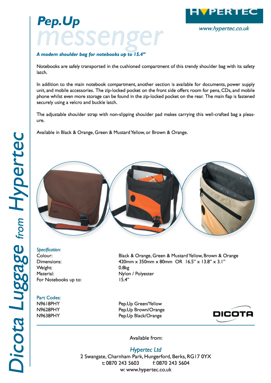 Hypertec N9618PHY dimensions messenger, Dicota Luggage from Hypertec, Pep.Up, Available from, t 0870 243, Specification 