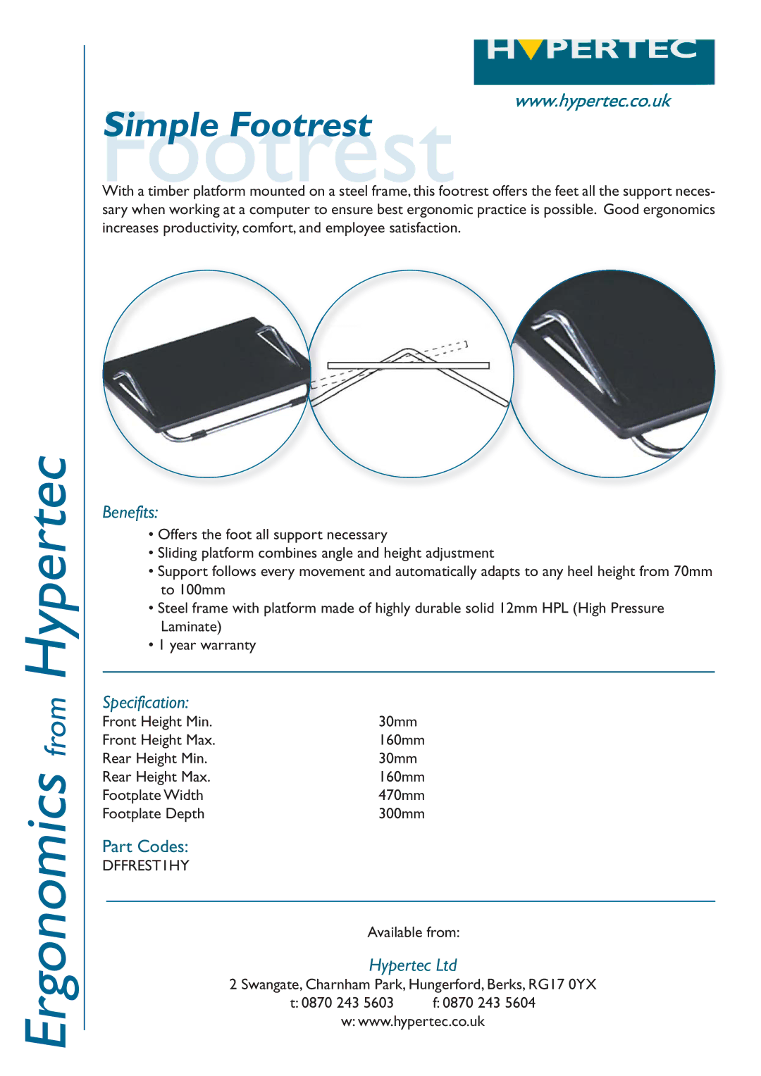 Hypertec warranty Ergonomics from Hypertec, FootrestSimple Footrest, Benefits, Specification, Part Codes 