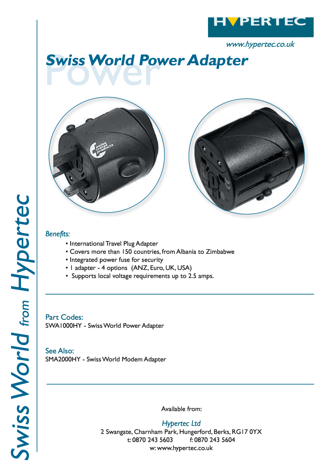 Hypertec SWA1000HY manual Swiss World from Hypertec, PowerSwiss World Power Adapter, Benefits, Part Codes, See Also 