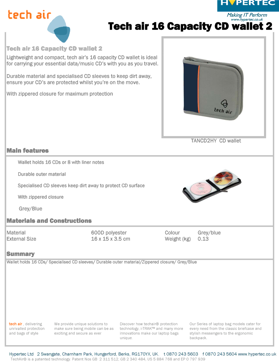 Hypertec TANCD2HY manual Tech air 16 Capacity CD wallet, Main features, Materials and Constructions, Summary 