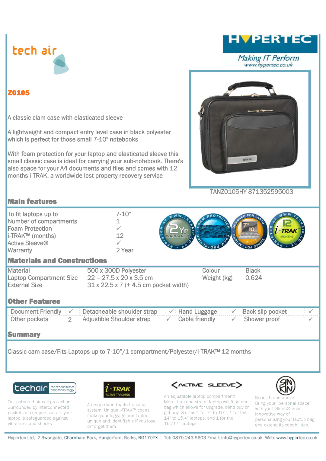 Hypertec TANZ0105HY warranty Main features, Materials and Constructions, Other Features, Summary 