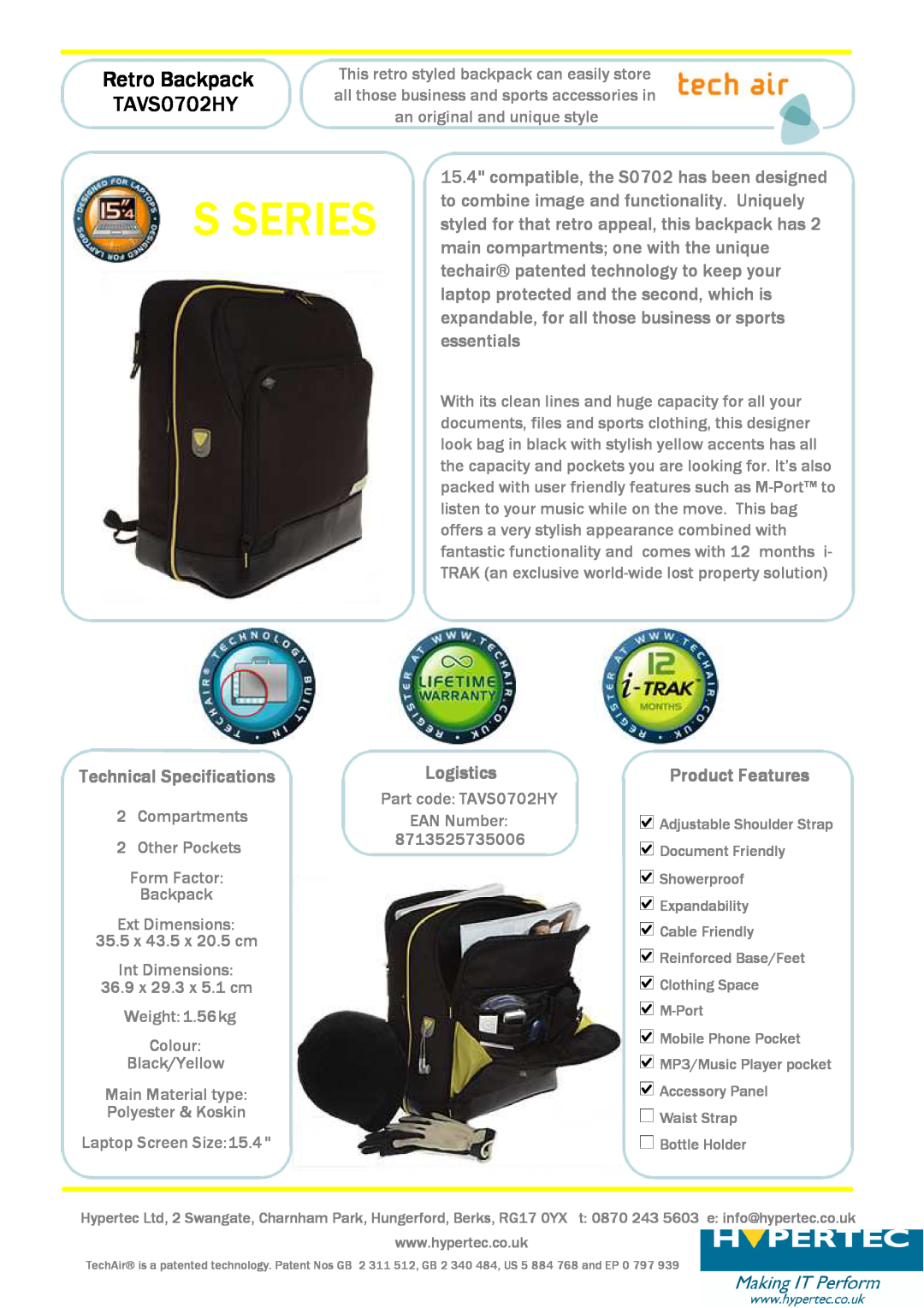Hypertec TAVS0702HY technical specifications Retro Backpack, Technical Specifications, Logistics, Product Features 