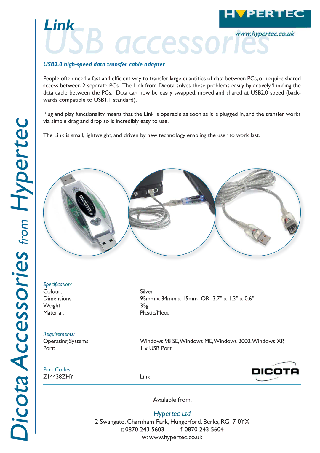 Hypertec dimensions USB accessories, USB2.0 high-speed data transfer cable adapter, Specification, Requirements 