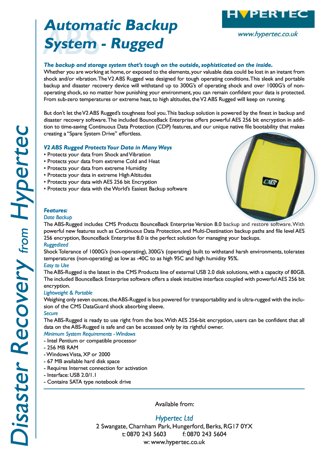 Hypertec V2 ABS manual Disaster Recovery from Hypertec, Automatic Backup ABSSystem - Rugged, Available from, t 0870 243 
