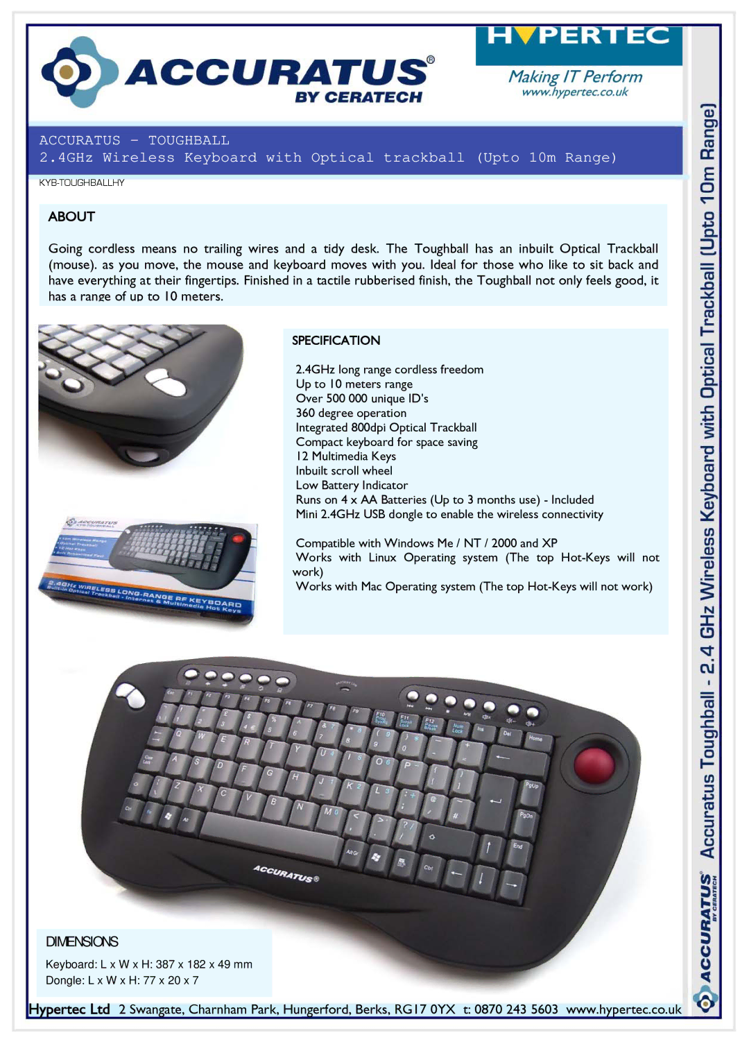 Hypertec Wireless Keyboard with Optical Trackball dimensions Accuratus Toughball, About, Dimensions, Specification 