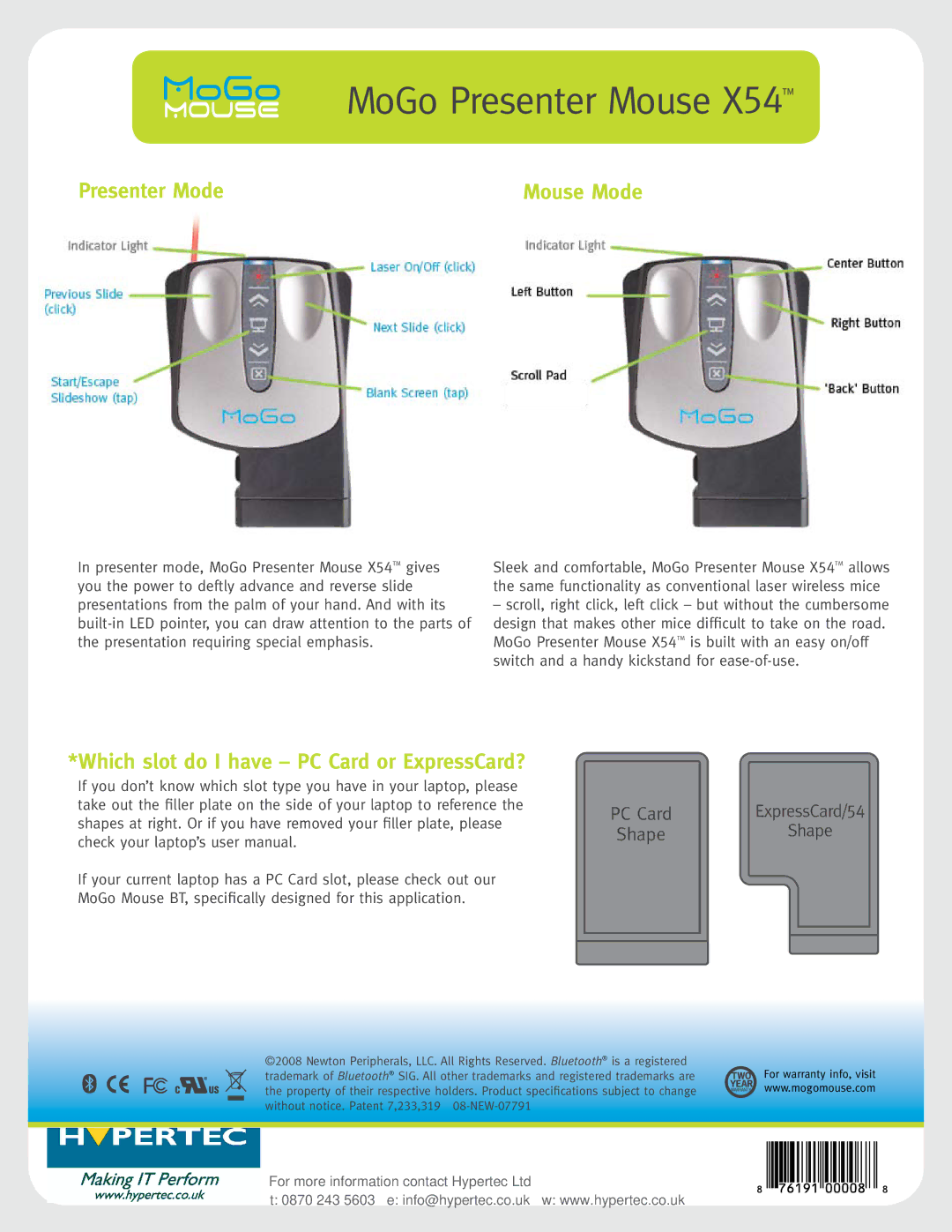 Hypertec X54 MoGo Presenter Mouse, Presenter Mode, Which slot do I have PC Card or ExpressCard?, Mouse Mode, Shape 