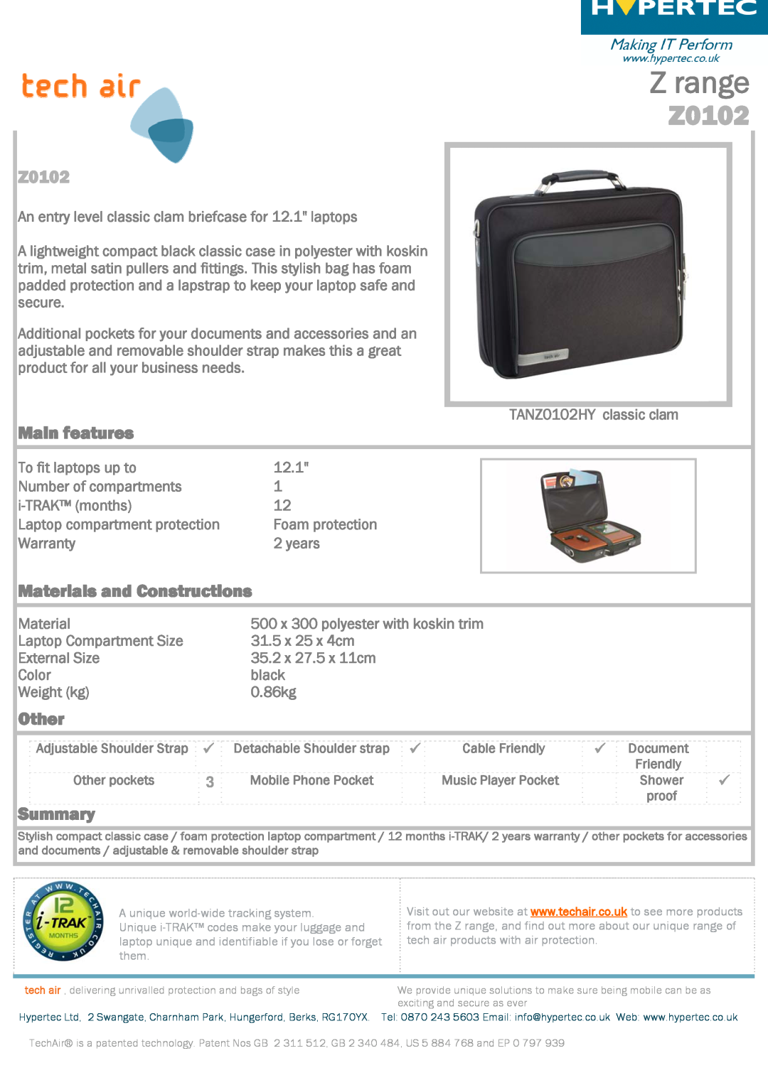 Hypertec Z0102 warranty Z range, Main features, Materials and Constructions, Other, Summary 
