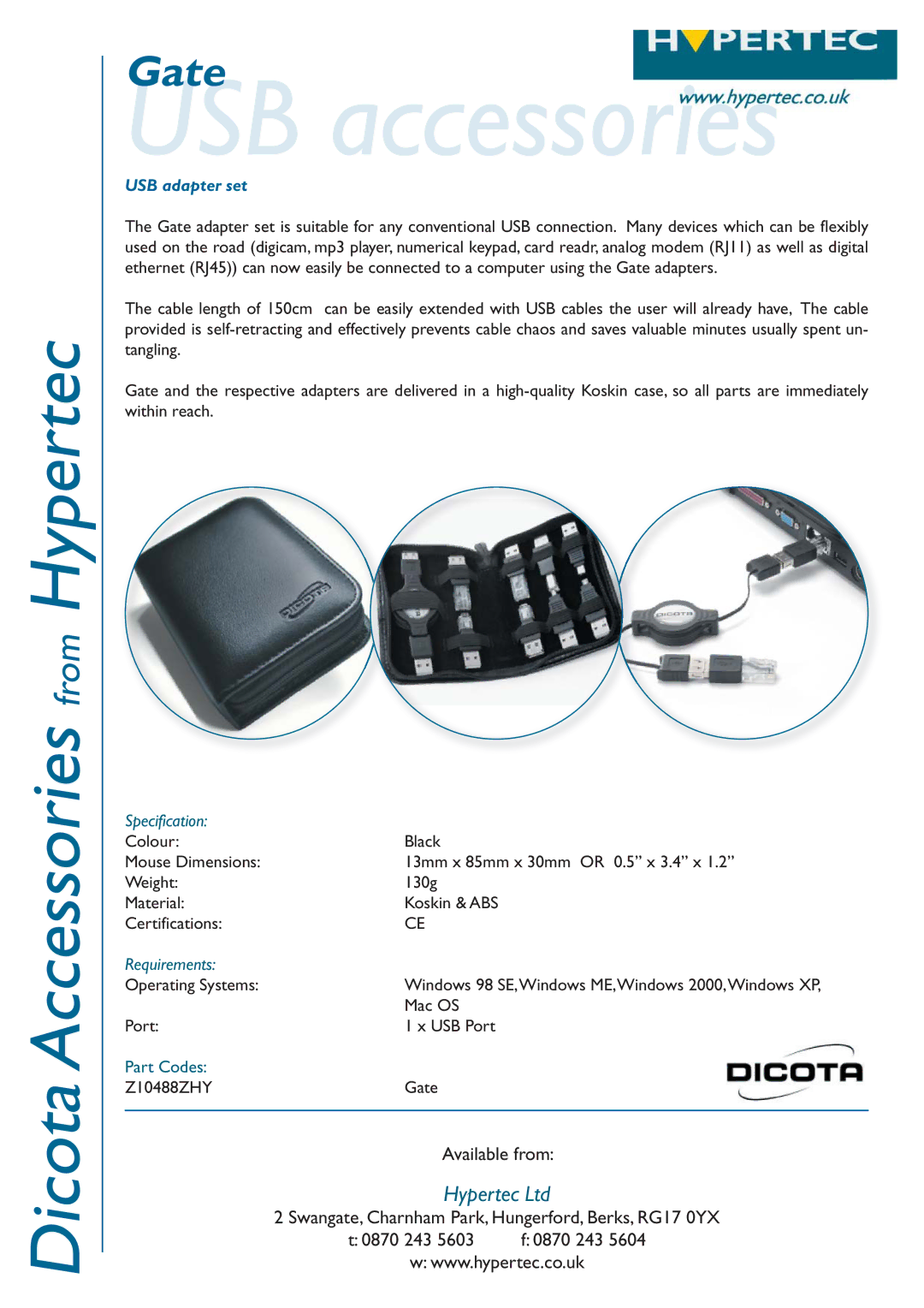 Hypertec Z10488ZHY dimensions USB accessories, USB adapter set, Specification, Requirements 