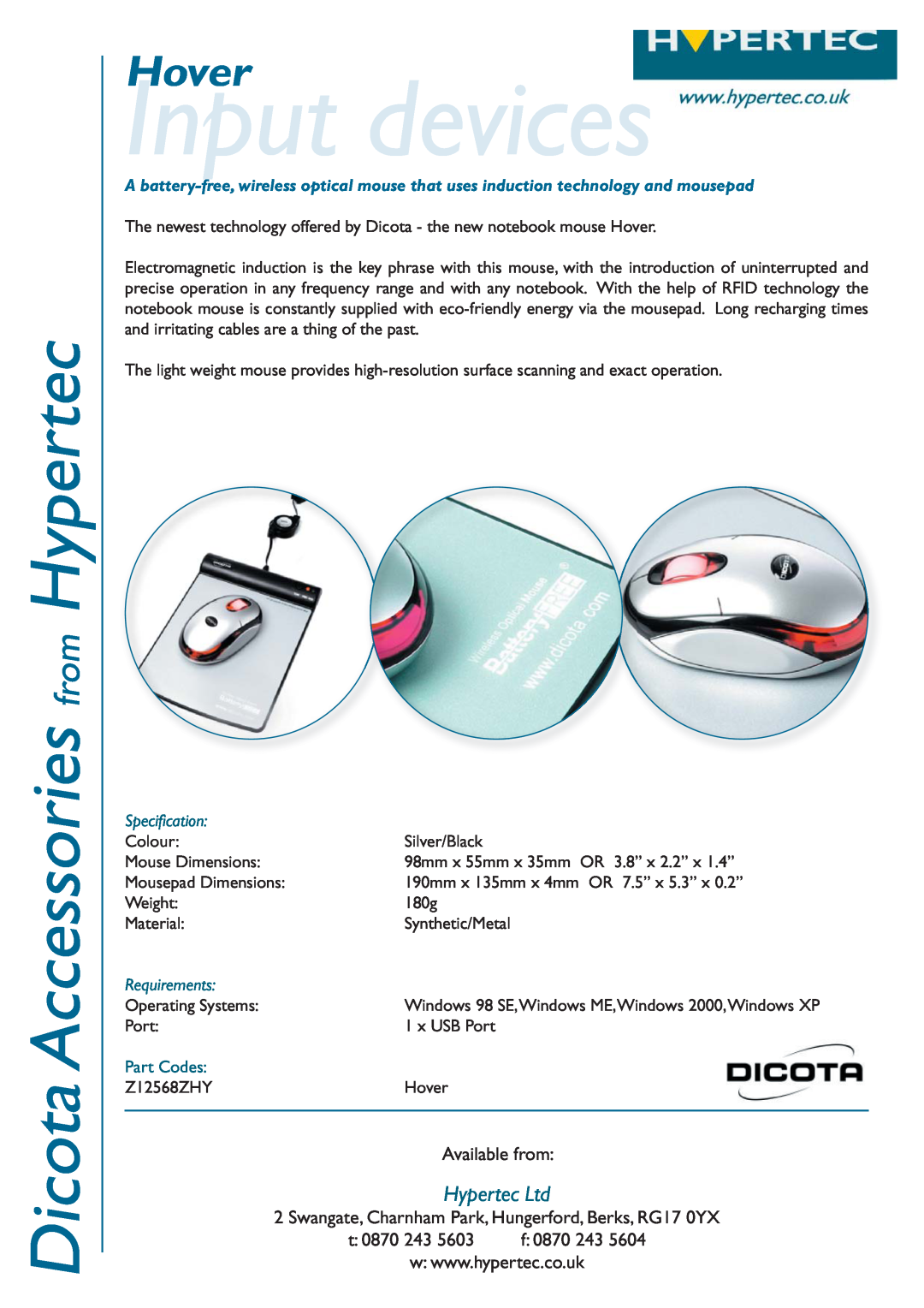 Hypertec Z12568ZHY dimensions Input devices, Dicota Accessories from Hypertec, Hover, Available from, t 0870 243 