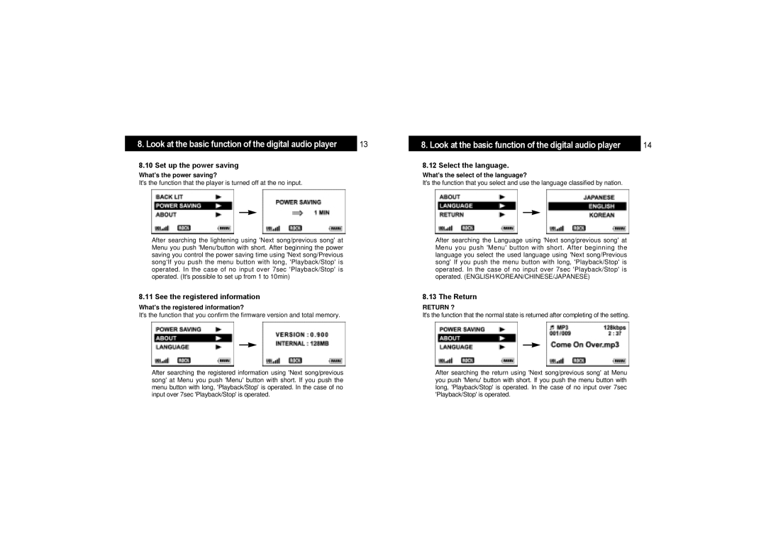 Hyun Won DAH-1100 manual Set up the power saving, See the registered information, Select the language, Return 