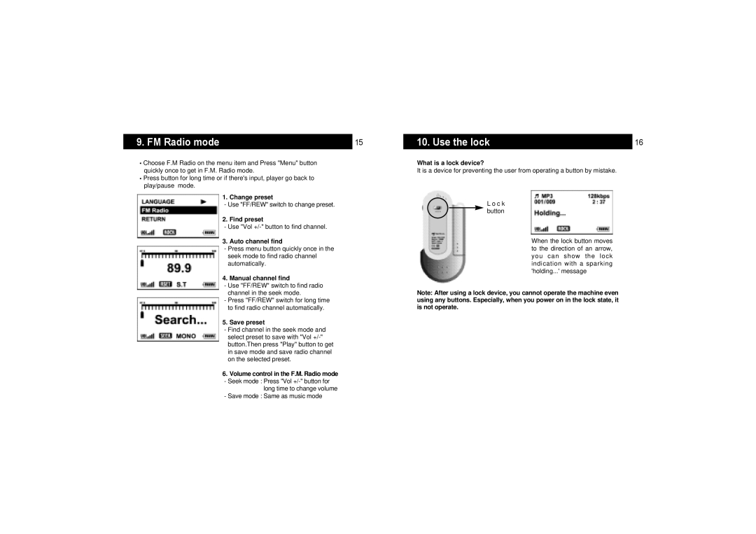 Hyun Won DAH-1100 manual FM Radio mode Use the lock 