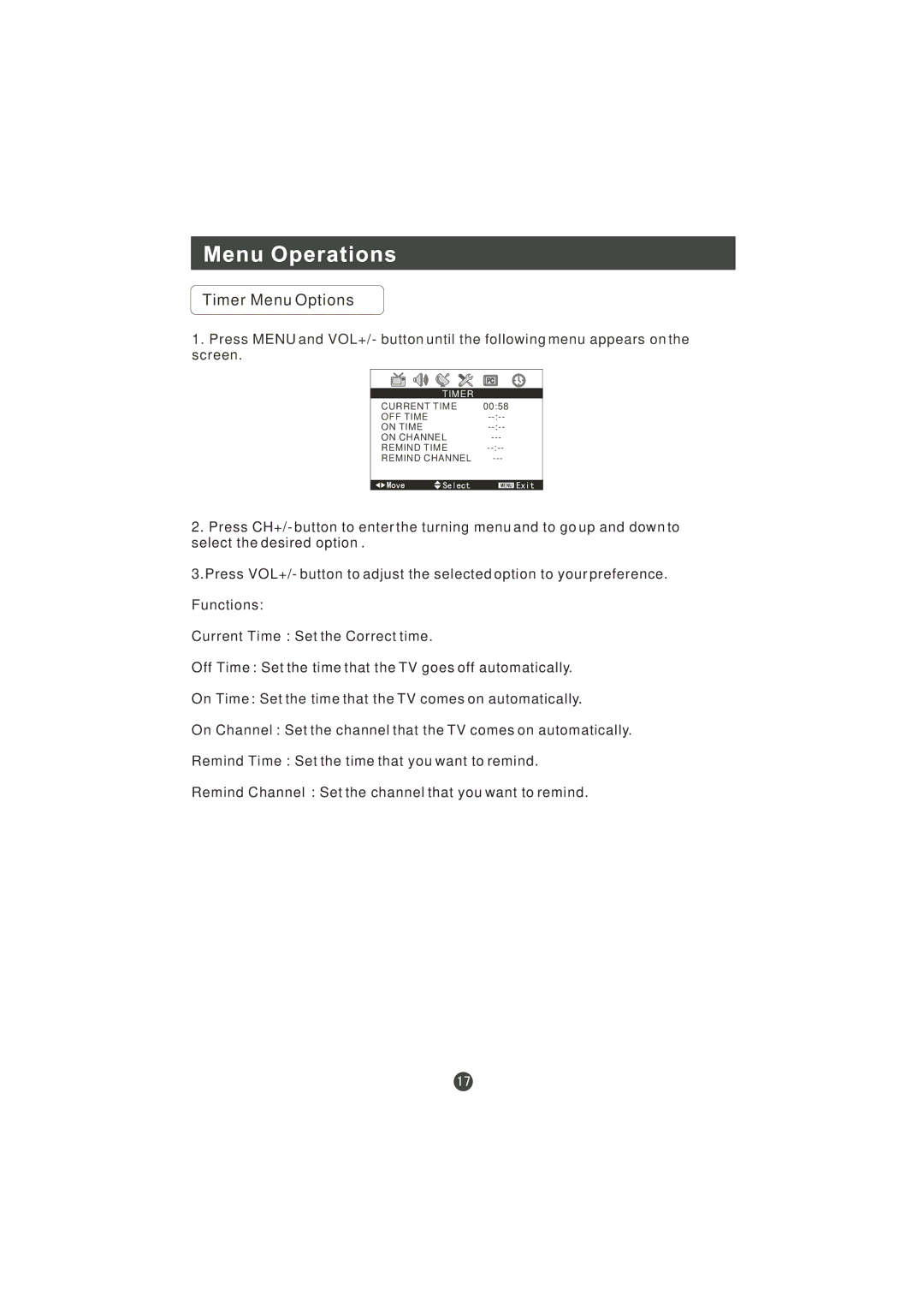 Hyundai L22R1W, 0090509536 manual Timer Menu Options 