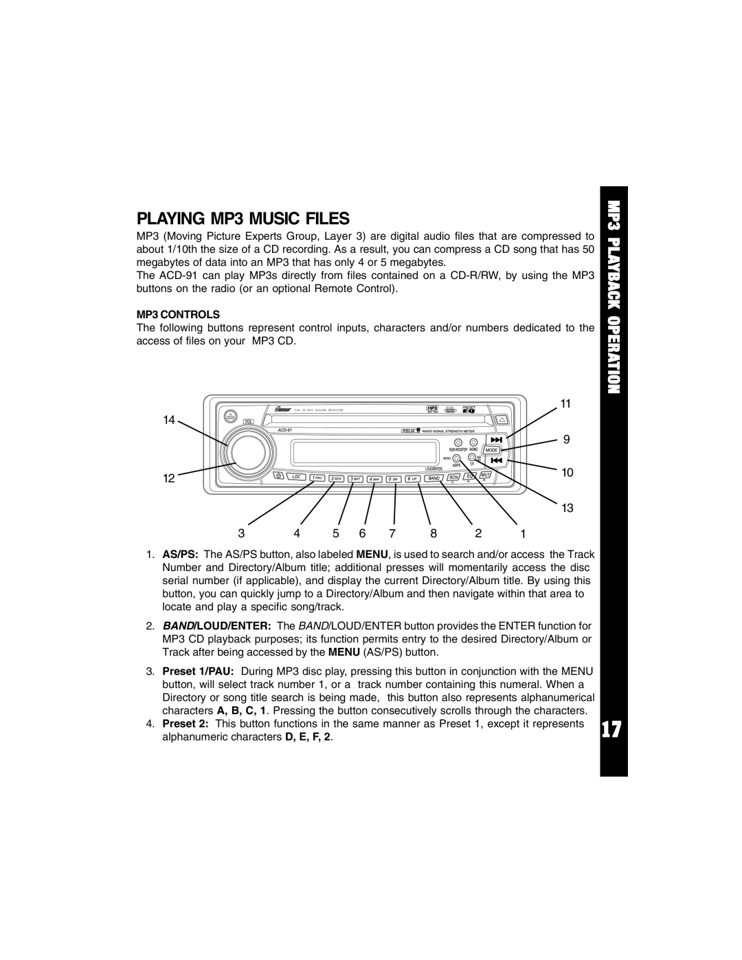 Hyundai ACD-91 manual MP3 Playback Operation, MP3 Controls 