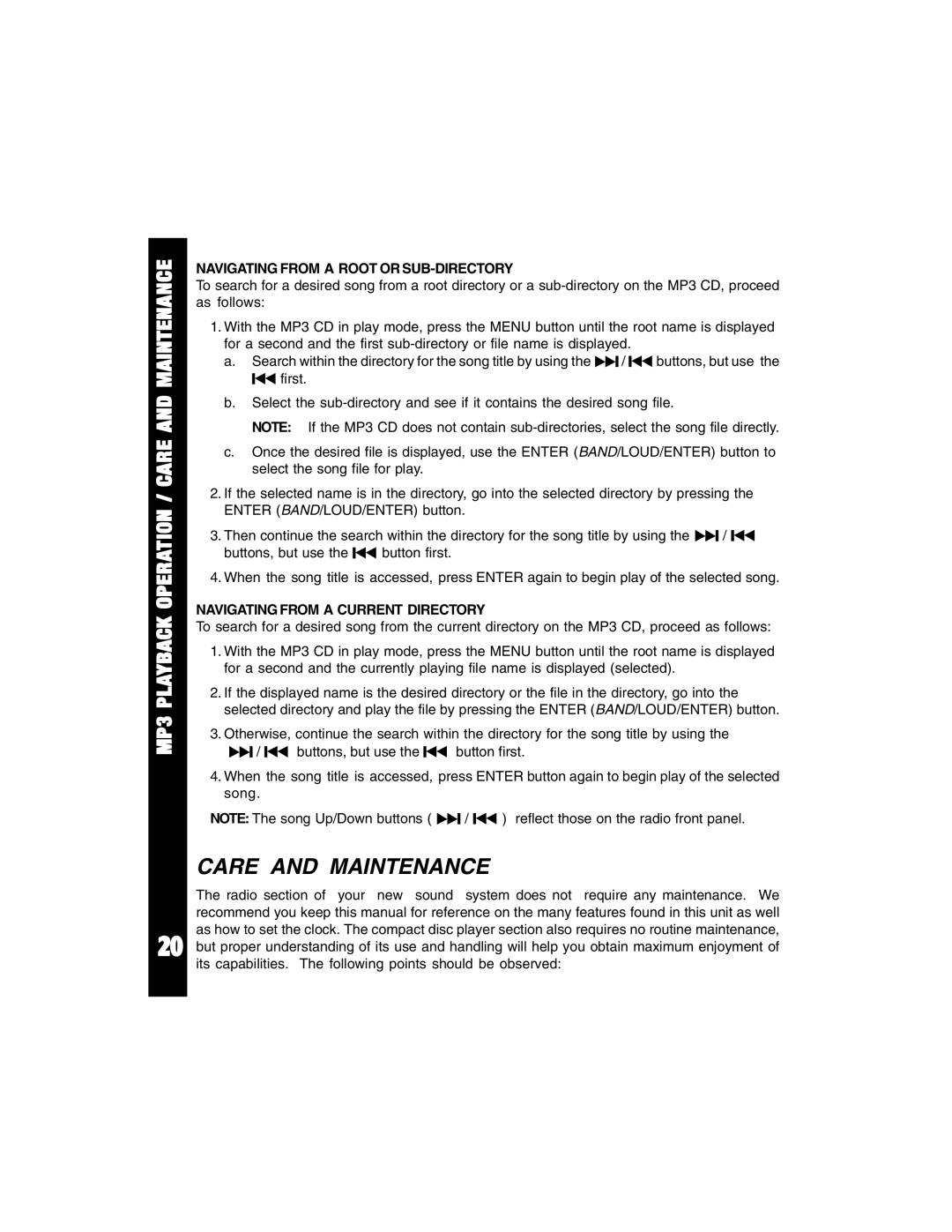 Hyundai ACD-91 manual MP3 Playback Operation / Care and Maintenance, Navigating from a Root or SUB-DIRECTORY 