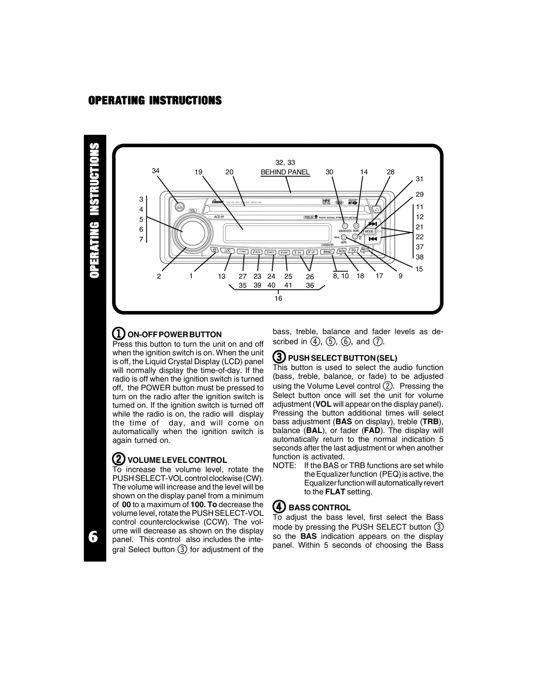 Hyundai ACD-91 Operating Instructions, ON-OFF Power Button, Volume Level Control, Push Select Button SEL, Bass Control 