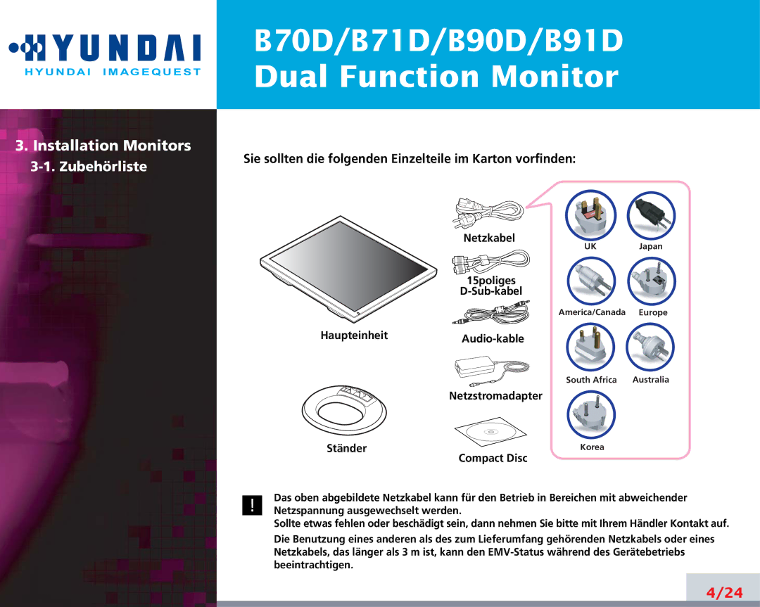 Hyundai B70D, B71D, B90D, B91D manual Installation Monitors 