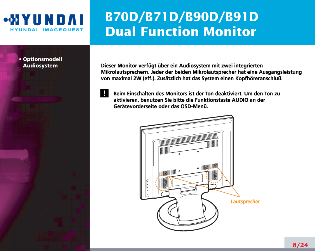 Hyundai manual Dual Function Monitor, B70D/B71D/B90D/B91D, 8/24, Optionsmodell 