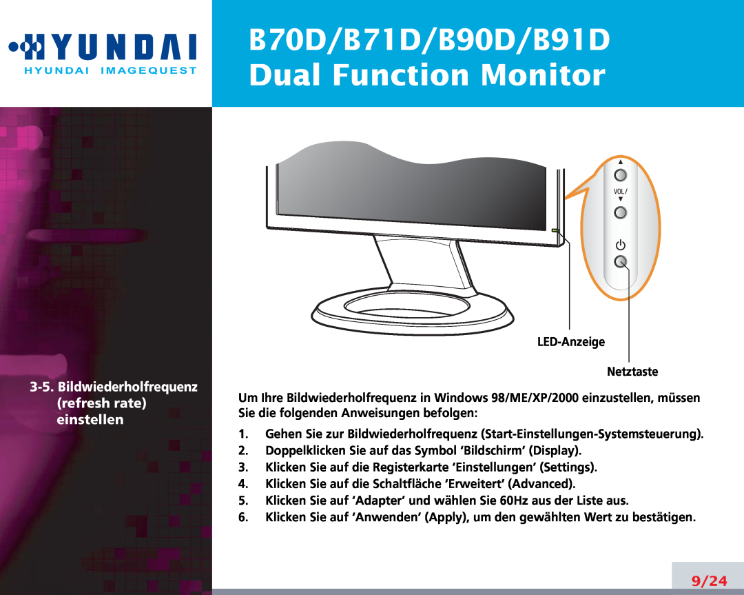 Hyundai manual B70D/B71D/B90D/B91D Dual Function Monitor, 9/24, Bildwiederholfrequenz refresh rate einstellen 