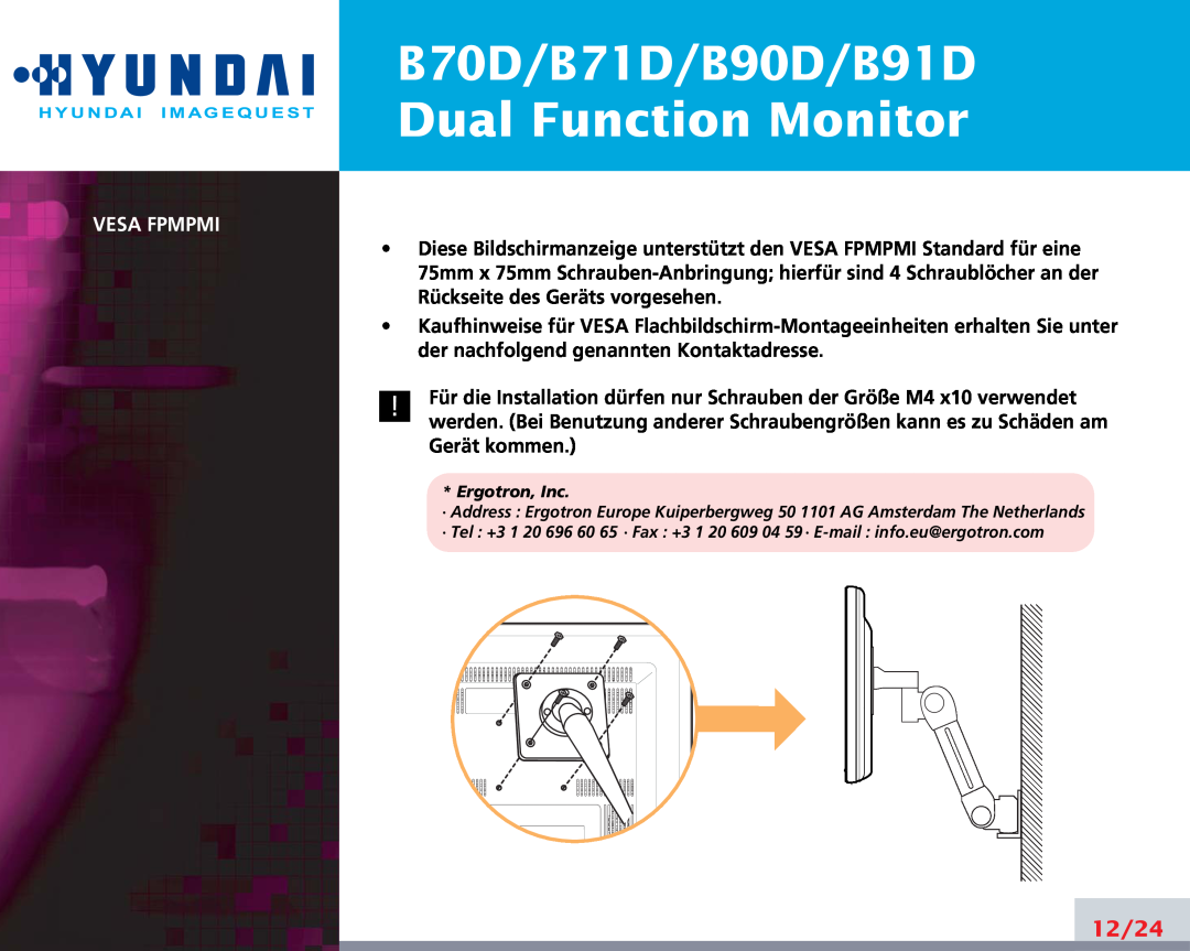 Hyundai manual Dual Function Monitor, B70D/B71D/B90D/B91D, 12/24, Vesa Fpmpmi 