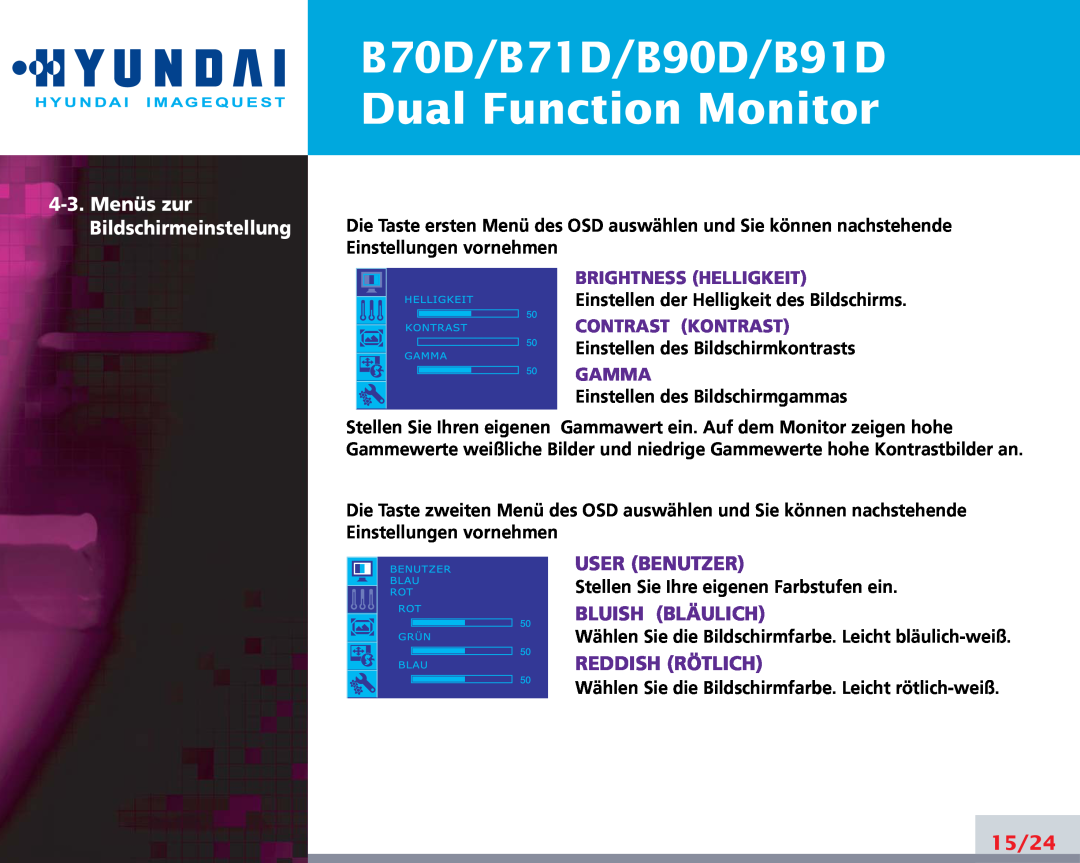 Hyundai B70D/B71D/B90D/B91D Dual Function Monitor, Menüs zur Bildschirmeinstellung, User Benutzer, Bluish Bläulich 