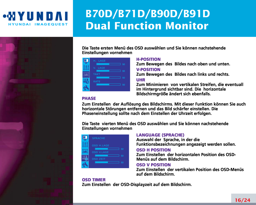 Hyundai B70D/B71D/B90D/B91D Dual Function Monitor, 16/24, Phase, H-Position, V-Position, Language Sprache, Osd Timer 