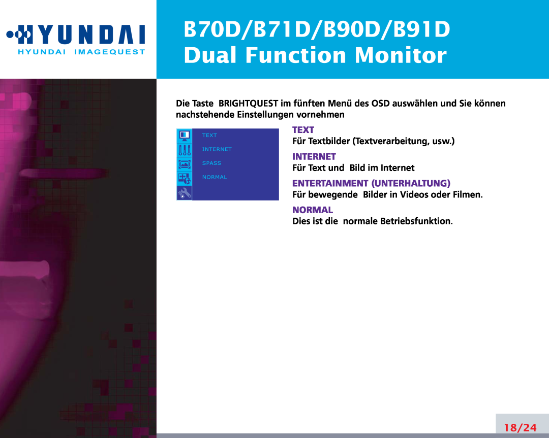 Hyundai manual B70D/B71D/B90D/B91D Dual Function Monitor, 18/24, Text, Internet, Entertainment Unterhaltung, Normal 