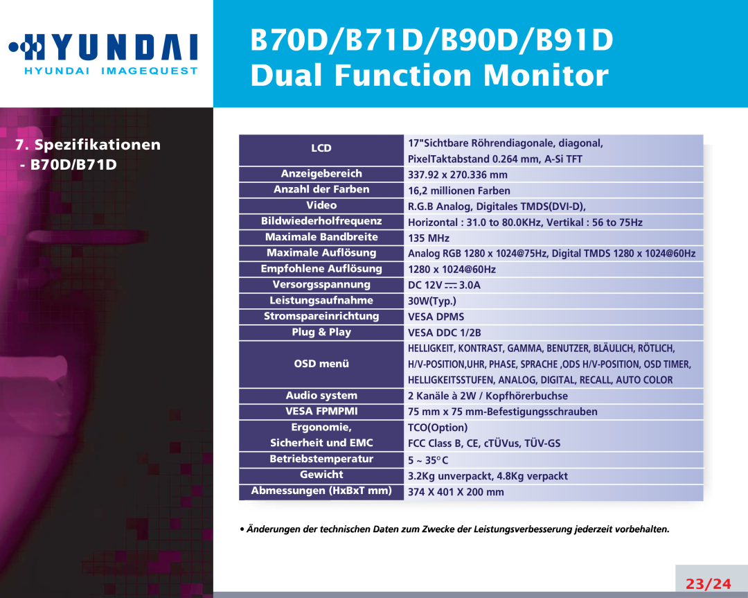 Hyundai manual Spezifikationen - B70D/B71D, B70D/B71D/B90D/B91D Dual Function Monitor, 23/24 