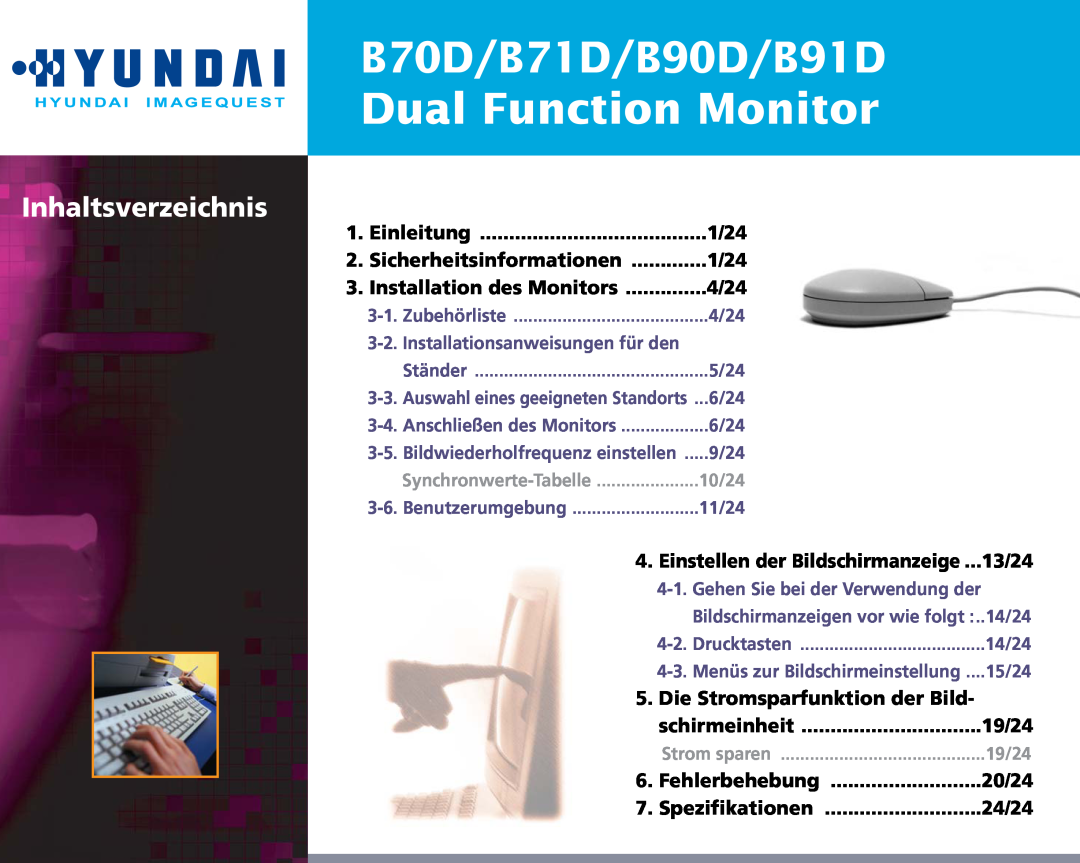 Hyundai Dual Function Monitor, B70D/B71D/B90D/B91D, Inhaltsverzeichnis, Fehlerbehebung, 20/24, Spezifikationen, 24/24 