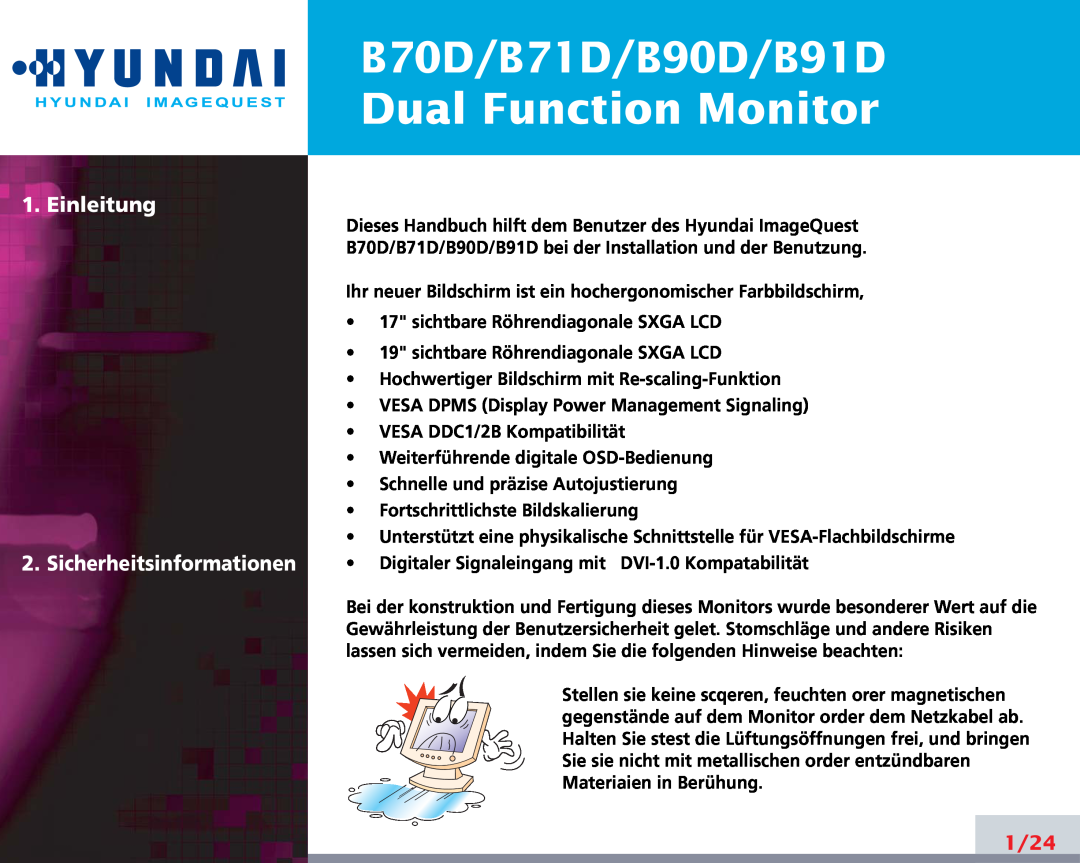 Hyundai manual Einleitung, Dual Function Monitor, B70D/B71D/B90D/B91D, 1/24, Sicherheitsinformationen 