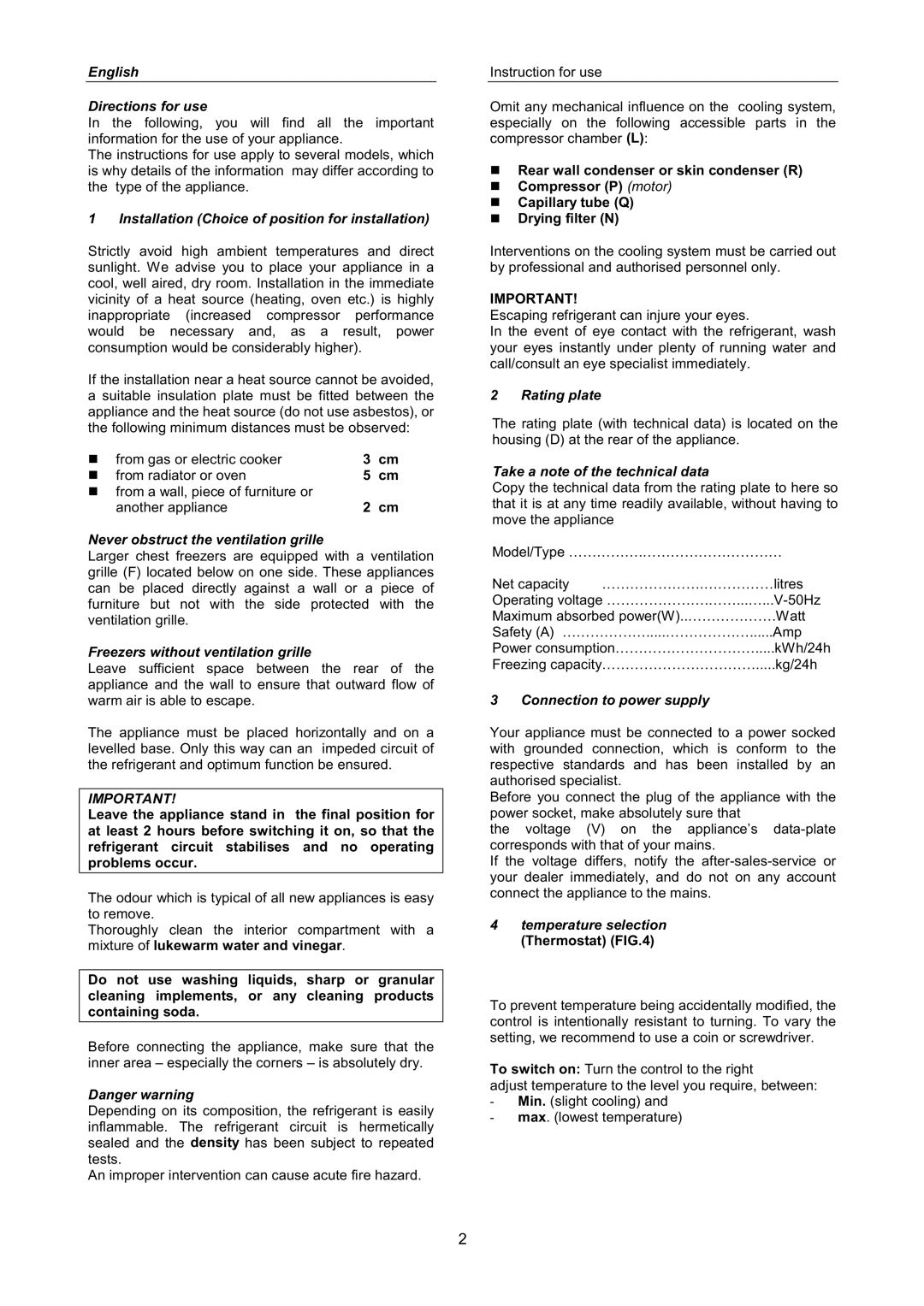 Hyundai BD-143GB, BD-318A manual English Directions for use, Installation Choice of position for installation, Rating plate 