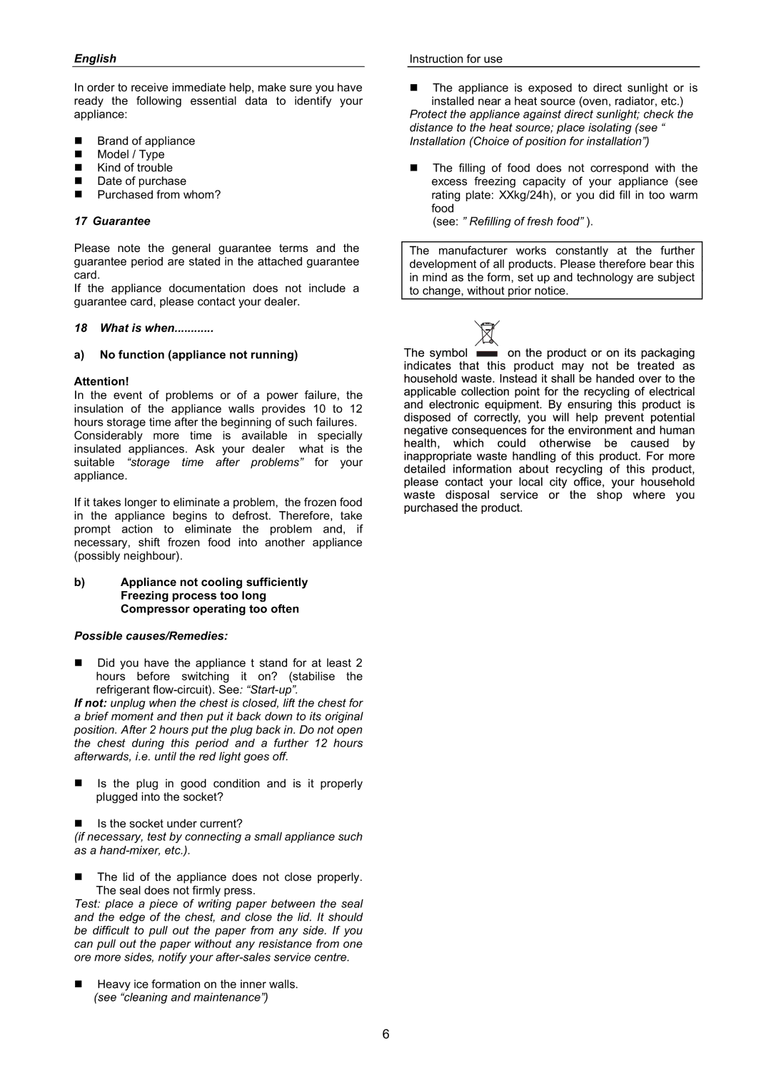 Hyundai BD-143GAA, BD-318A, BD-203GB Guarantee, What is when, No function appliance not running, Possible causes/Remedies 