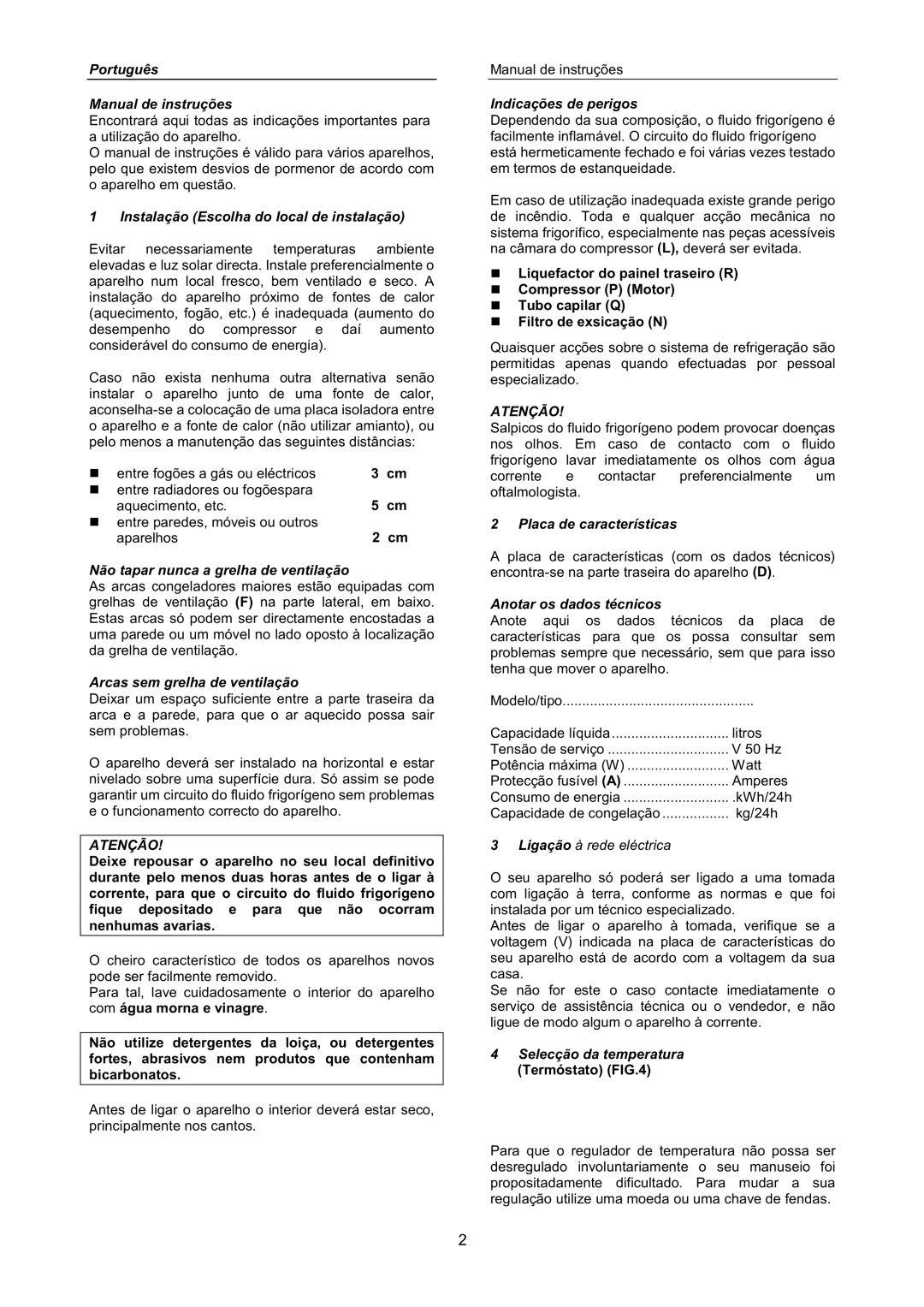 Hyundai BD-203GB Português Manual de instruções, Instalação Escolha do local de instalação, Arcas sem grelha de ventilação 