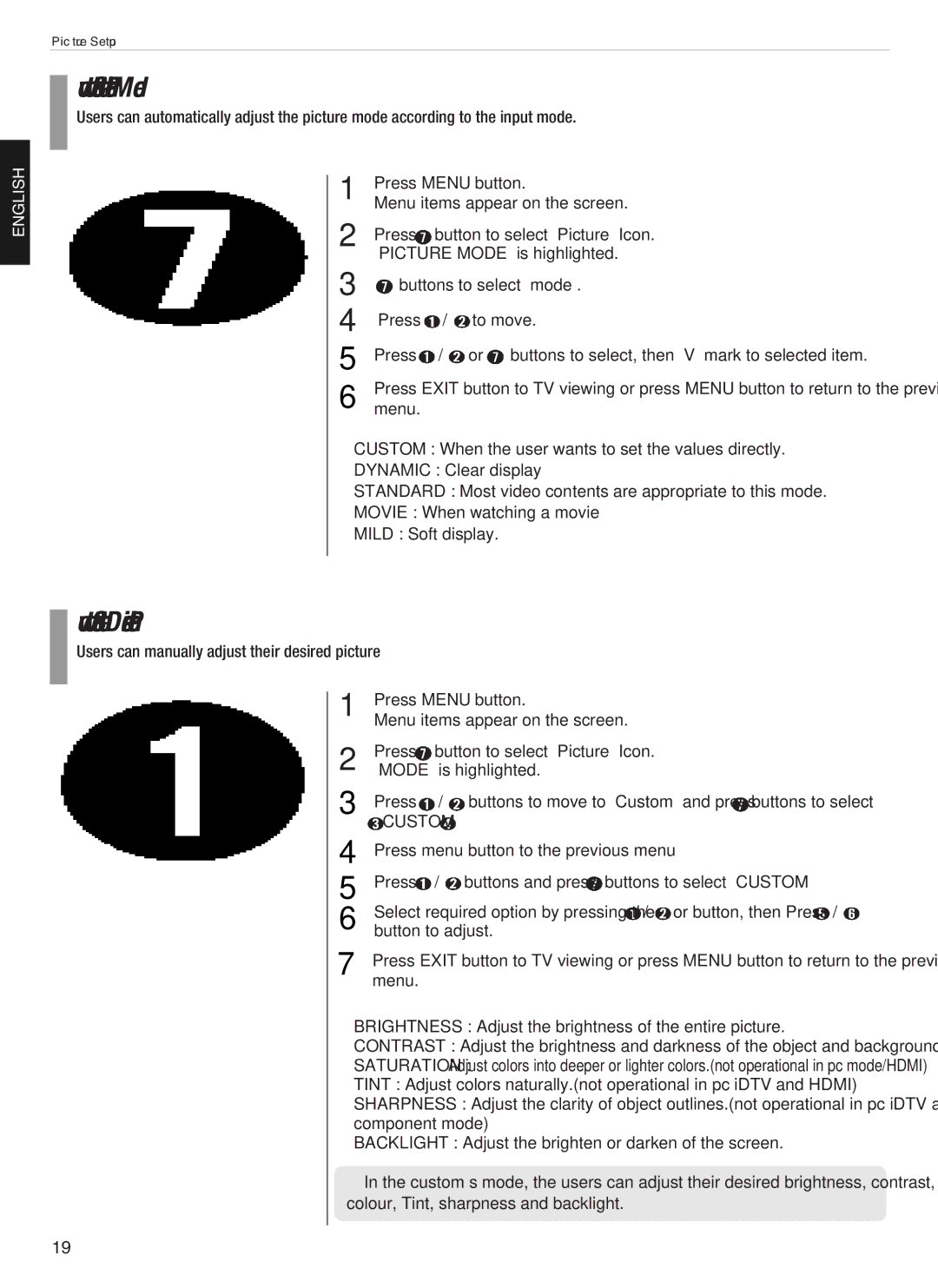 Hyundai E200D, E201D, E230D, E231D, Digital LCD TV manual How to Select the Picture Mode, How to Set the Desired Picture 