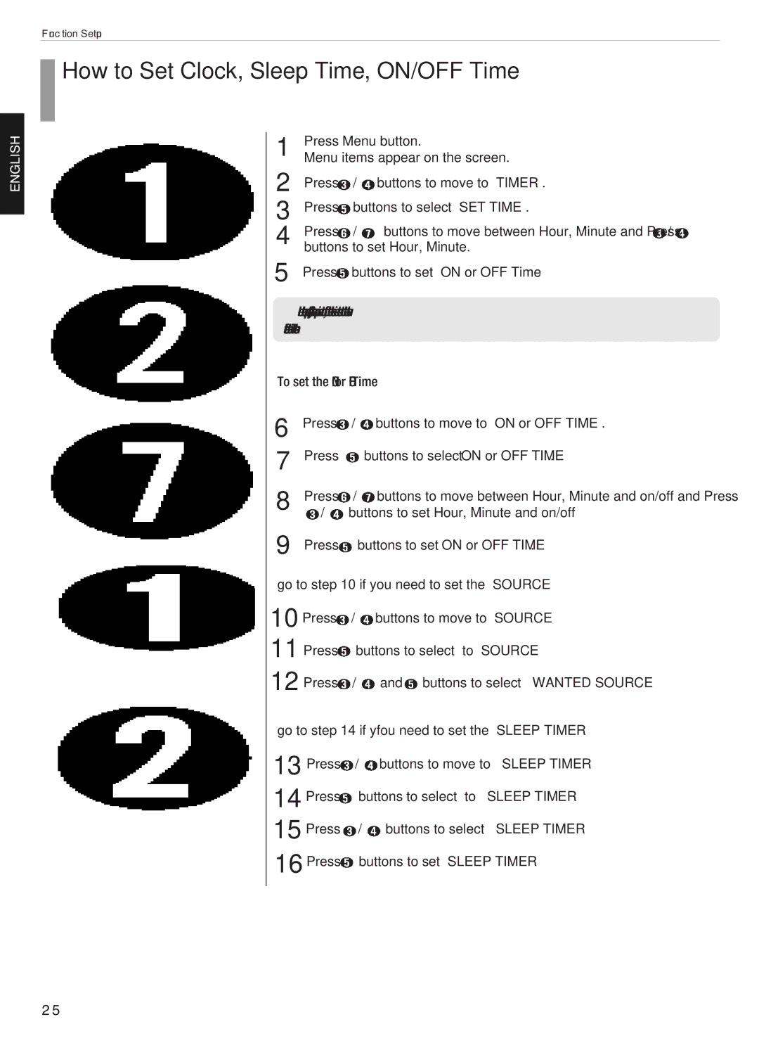 Hyundai E201D, E200D, E230D, E231D manual How to Set Clock, Sleep Time, ON/OFF Time, Press Buttons to select on or OFF Time 