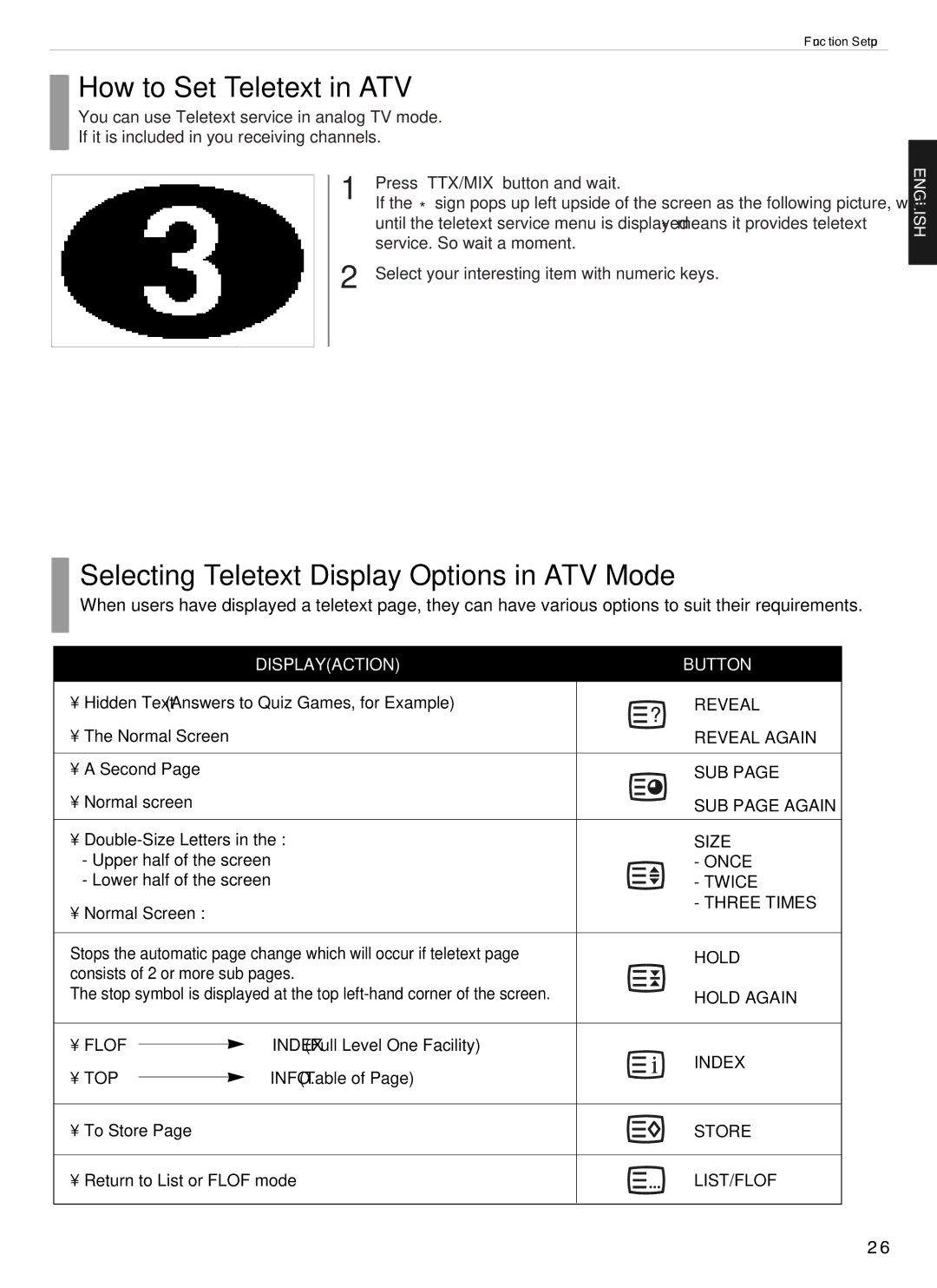 Hyundai E230D, E200D, E201D, E231D, Digital LCD TV How to Set Teletext in ATV, Selecting Teletext Display Options in ATV Mode 