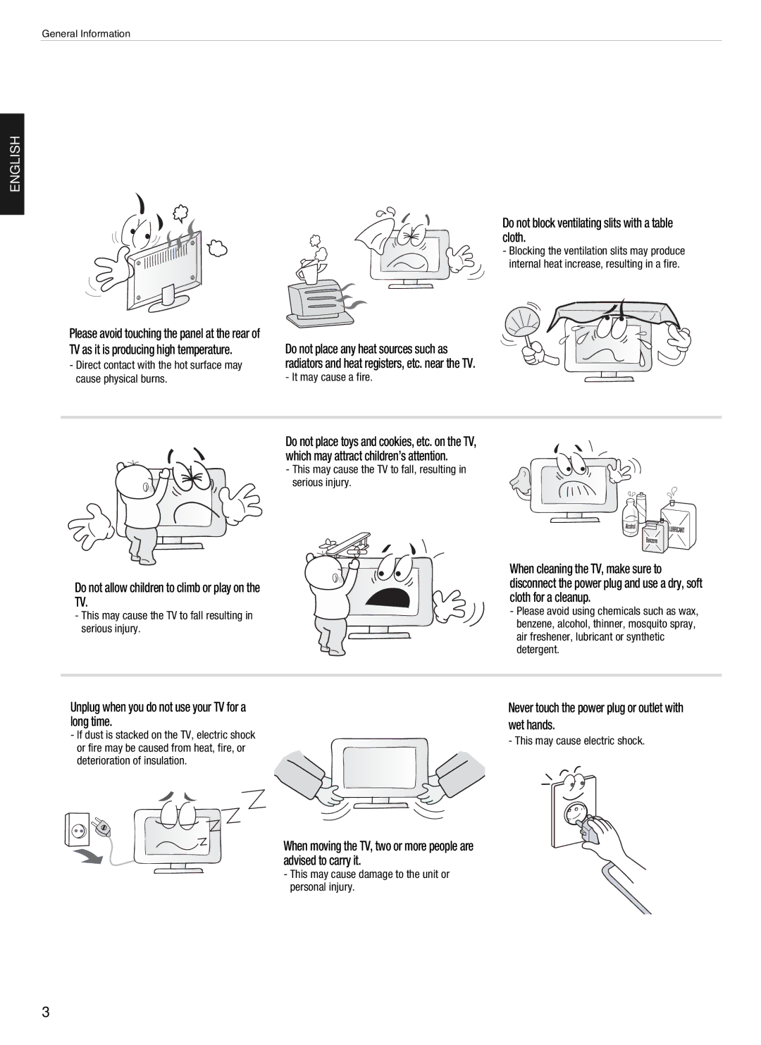 Hyundai Digital LCD TV Do not block ventilating slits with a table cloth, Do not allow children to climb or play on the TV 